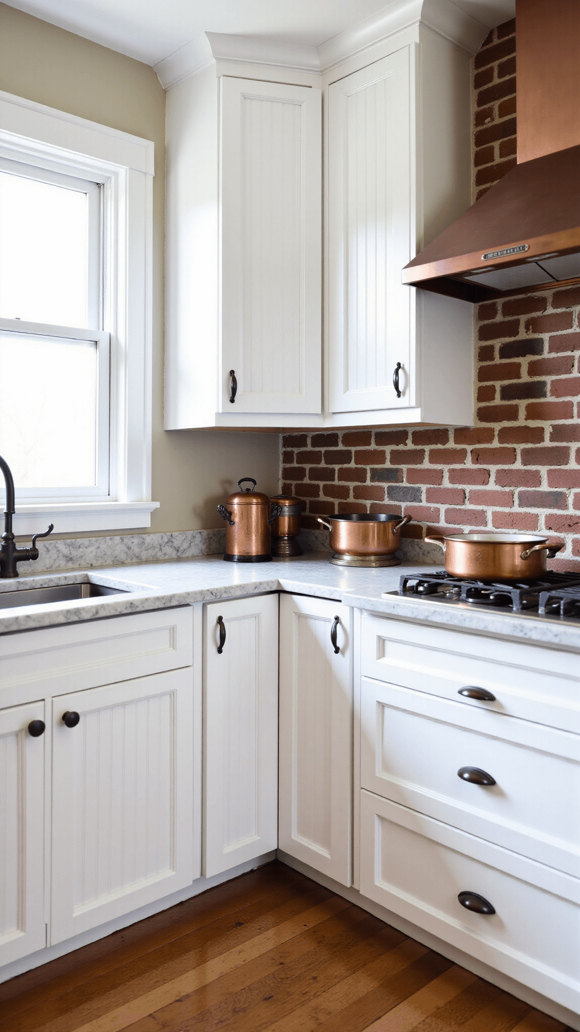 Elevated view of a 14x16ft farmhouse kitchen with white beadboard cabinets, marble countertops, exposed brick chimney, mixed metal fixtures, styled with copper cookware and vintage scales, bathed in mid-morning light.