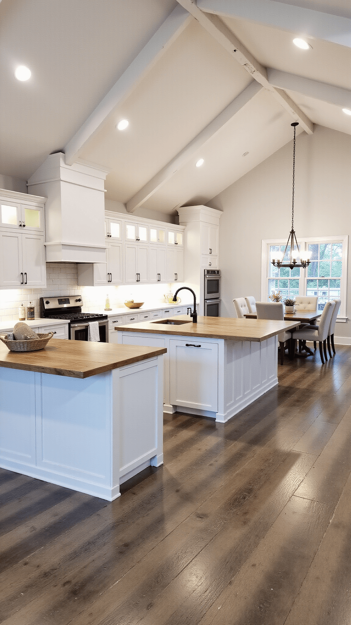 Open-concept farmhouse kitchen with cathedral ceiling, double islands, and white cabinetry, stylishly arranged with white ceramics and natural linens under warm artificial lighting.