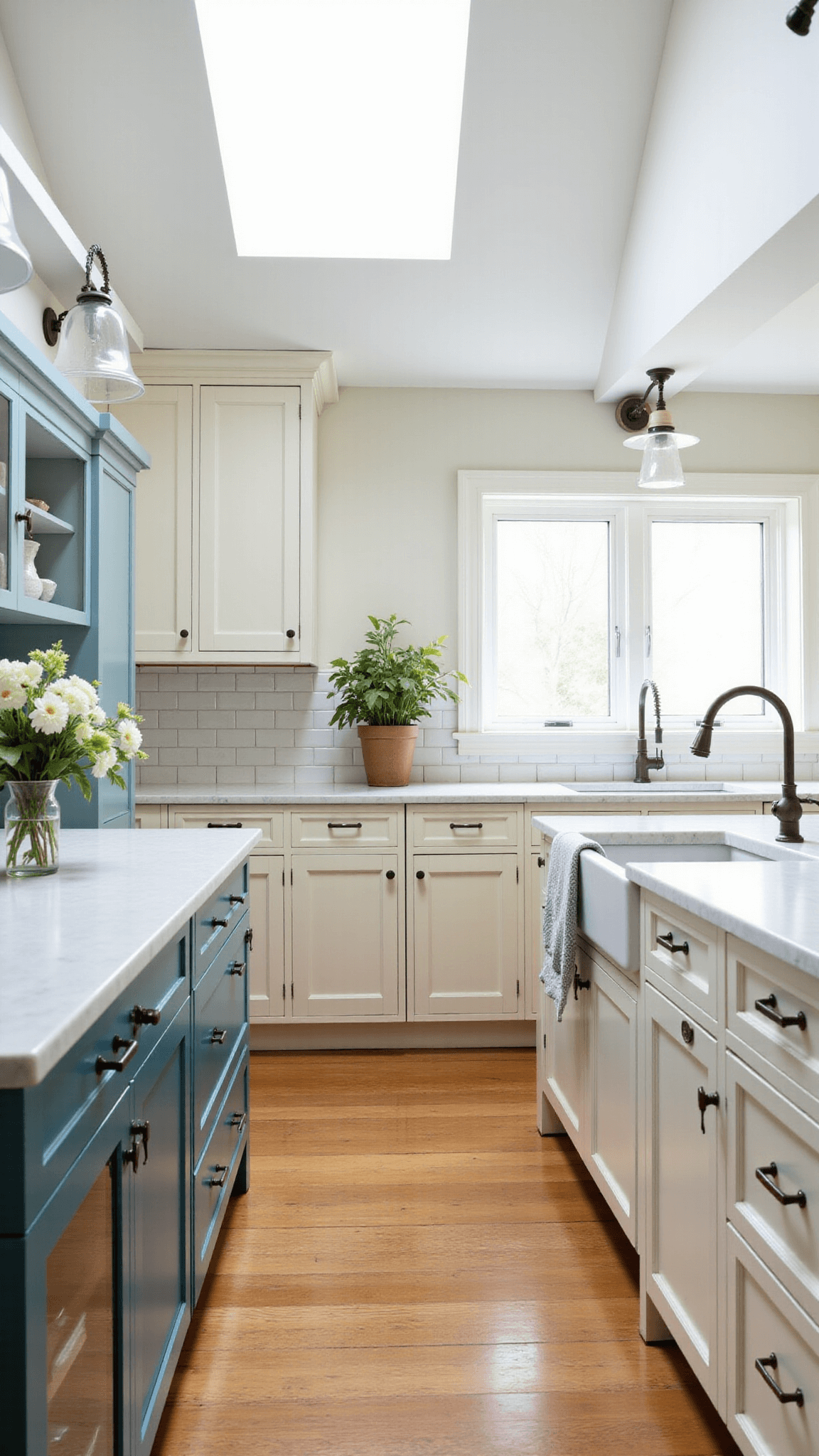 Bright morning light illuminating a classic farmhouse kitchen featuring white shaker cabinets, soapstone counters, white subway tile backsplash, and a blue antique hutch, styled with ironstone and fresh flowers.