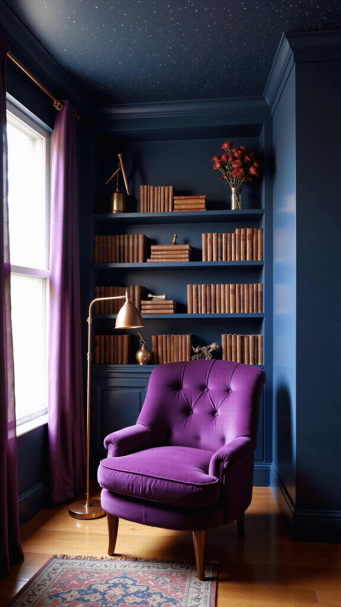Intimate reading nook with midnight blue walls, celestial ceiling, plush purple velvet armchair under amber-lit copper lamp, surrounded by bookshelves with leather books, dried roses and brass astronomical instruments. Shot with soft focus in afternoon light.