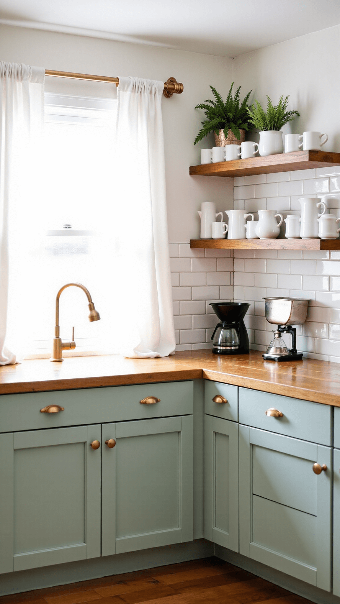 Intimate morning view of a modern farmhouse kitchen's coffee station featuring sage green cabinets, butcher block counters, white floor-to-ceiling cabinetry, oak shelves with ceramic mugs, brass hardware, subway tile backsplash, and farmhouse accessories bathed in soft lighting.