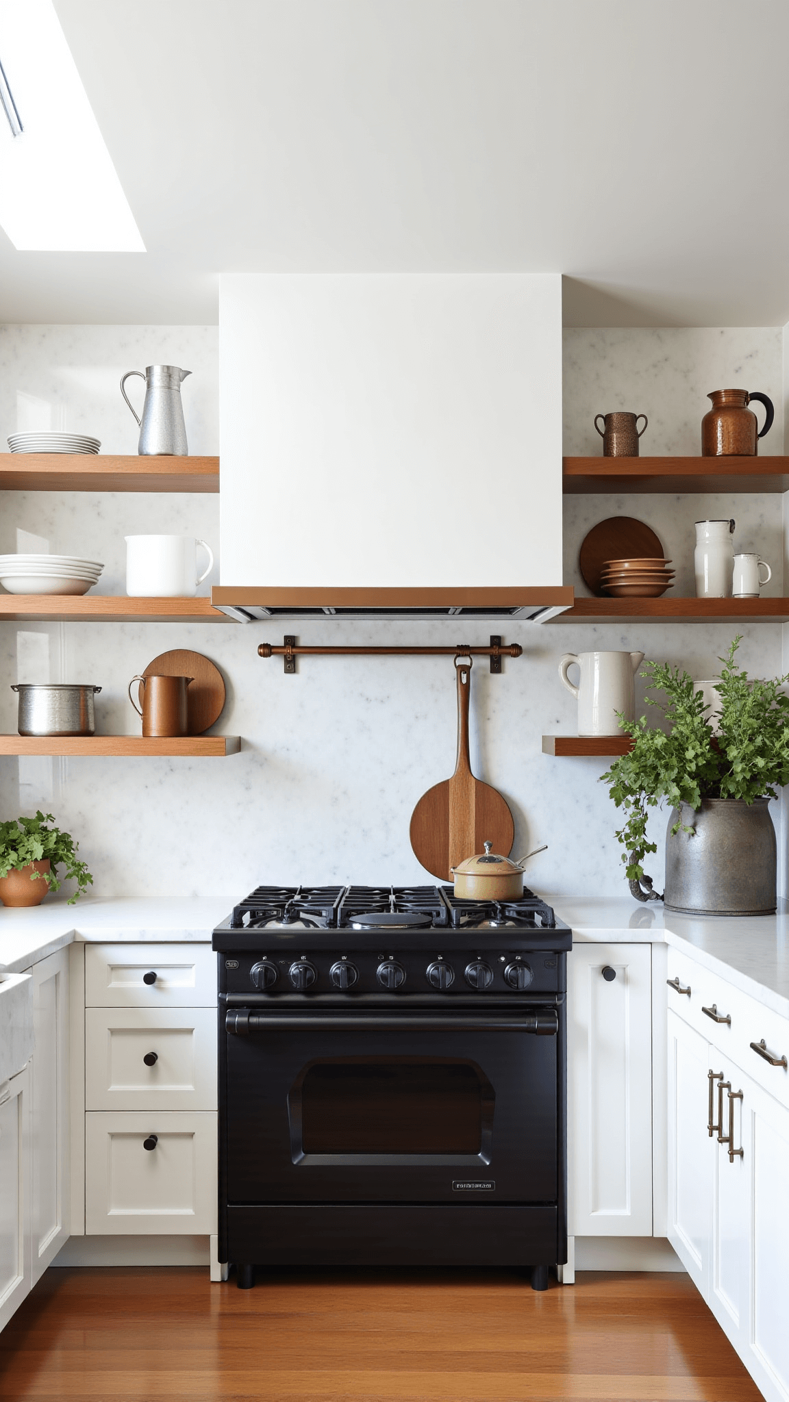 L-shaped modern farmhouse kitchen awash with natural light from skylights, featuring white oak open shelves with vintage kitchenware, marble backsplash, copper pot rack over a matte black range, and fresh flowers in a zinc vase.
