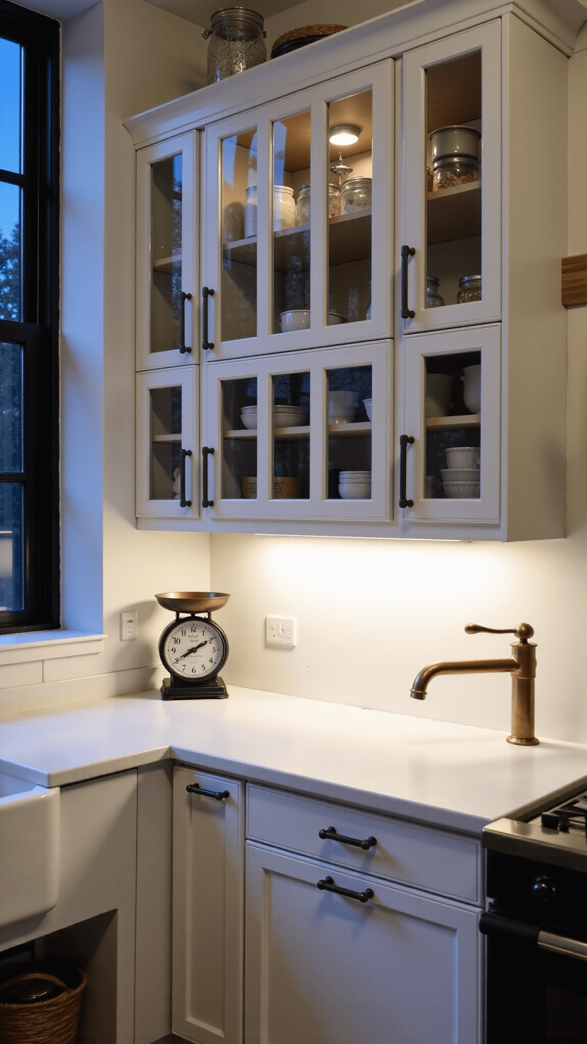 Twilight view of modern farmhouse kitchen featuring a white quartz baking station with soft under-cabinet lighting, black-framed windows, glass-front cabinets displaying organized baking essentials, vintage scale and ceramic bowls on a reclaimed wood shelf, with brushed nickel, aged brass, and matte black accents.