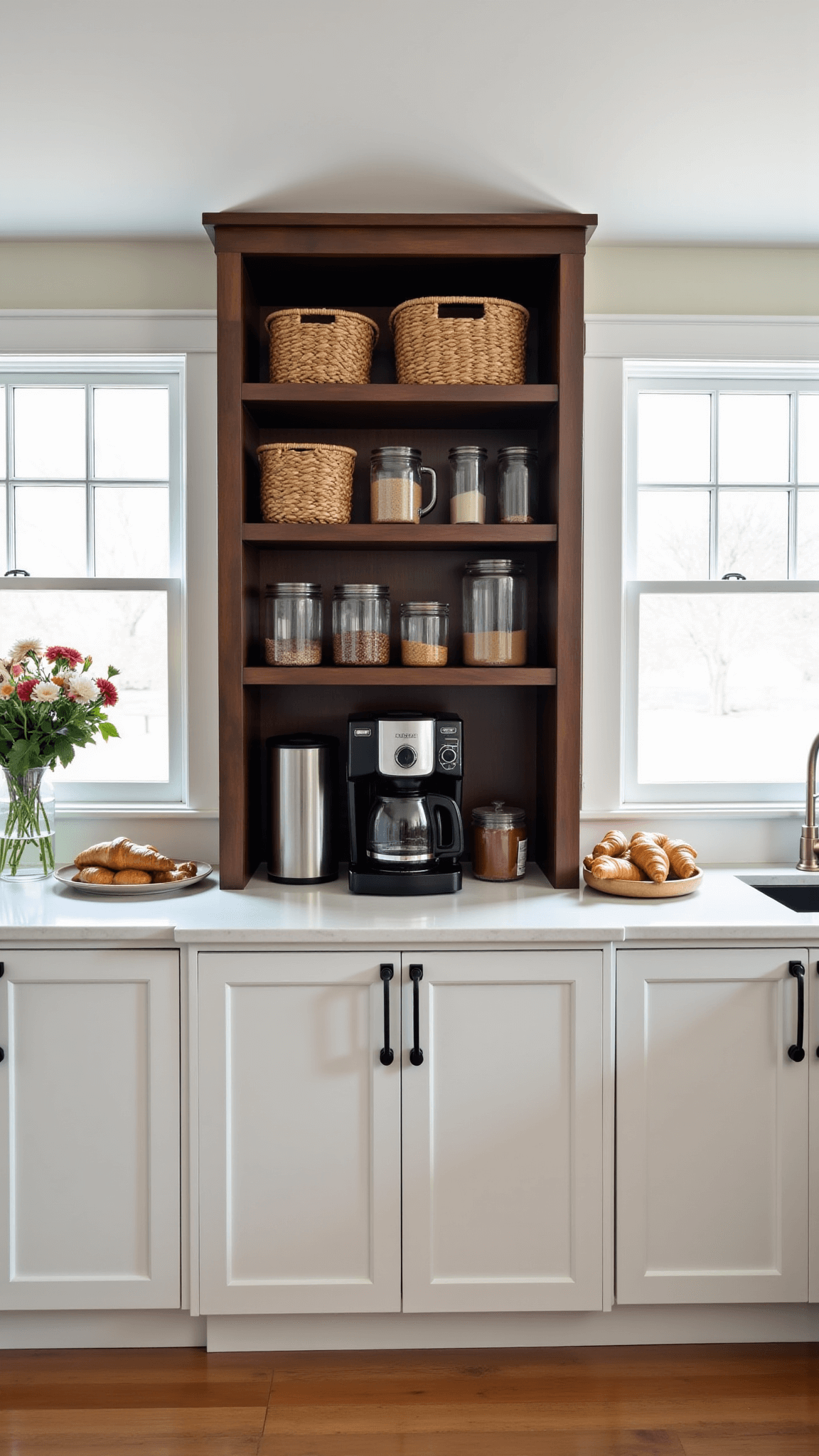 Modern farmhouse kitchen with floor-to-ceiling white cabinetry featuring a dark wood coffee bar, open shelving with baskets and glass jars, fresh croissants and flowers, in natural morning light.