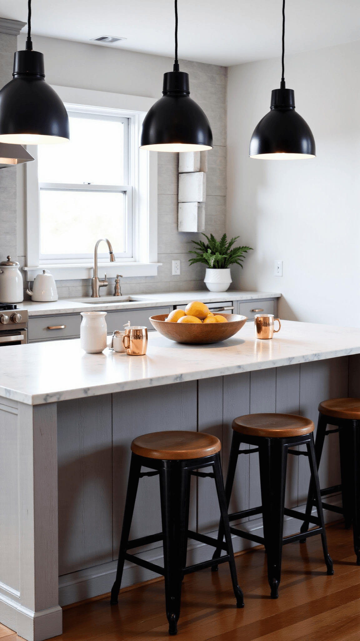 Modern farmhouse kitchen with a 6ft gray wash finished island, adorned with white marble and lit by black glass pendants. Bar stools with black metal and warm wooden seats surround the island. Styling includes rustic dough bowl filled with citrus, white ceramic canisters and copper moscow mule mugs under warm light.