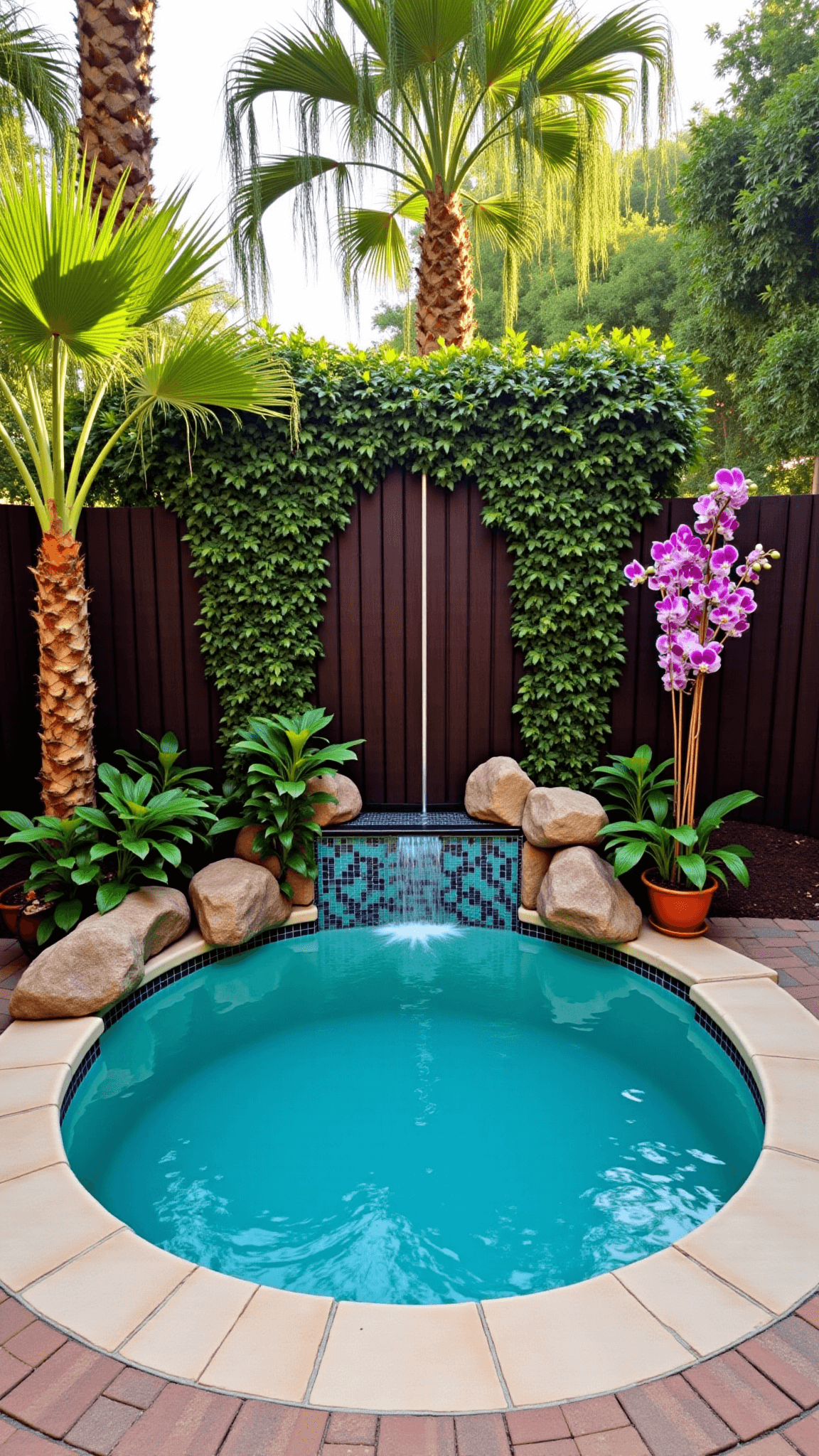 Late afternoon view of a tropical-style 10x10 ft in-ground hot tub with turquoise mosaic rim, surrounded by exotic landscaping and a natural rock waterfall, featuring dark wood privacy screens entwined with jasmine, copper rain chains, floating orchids, and bamboo accessories.