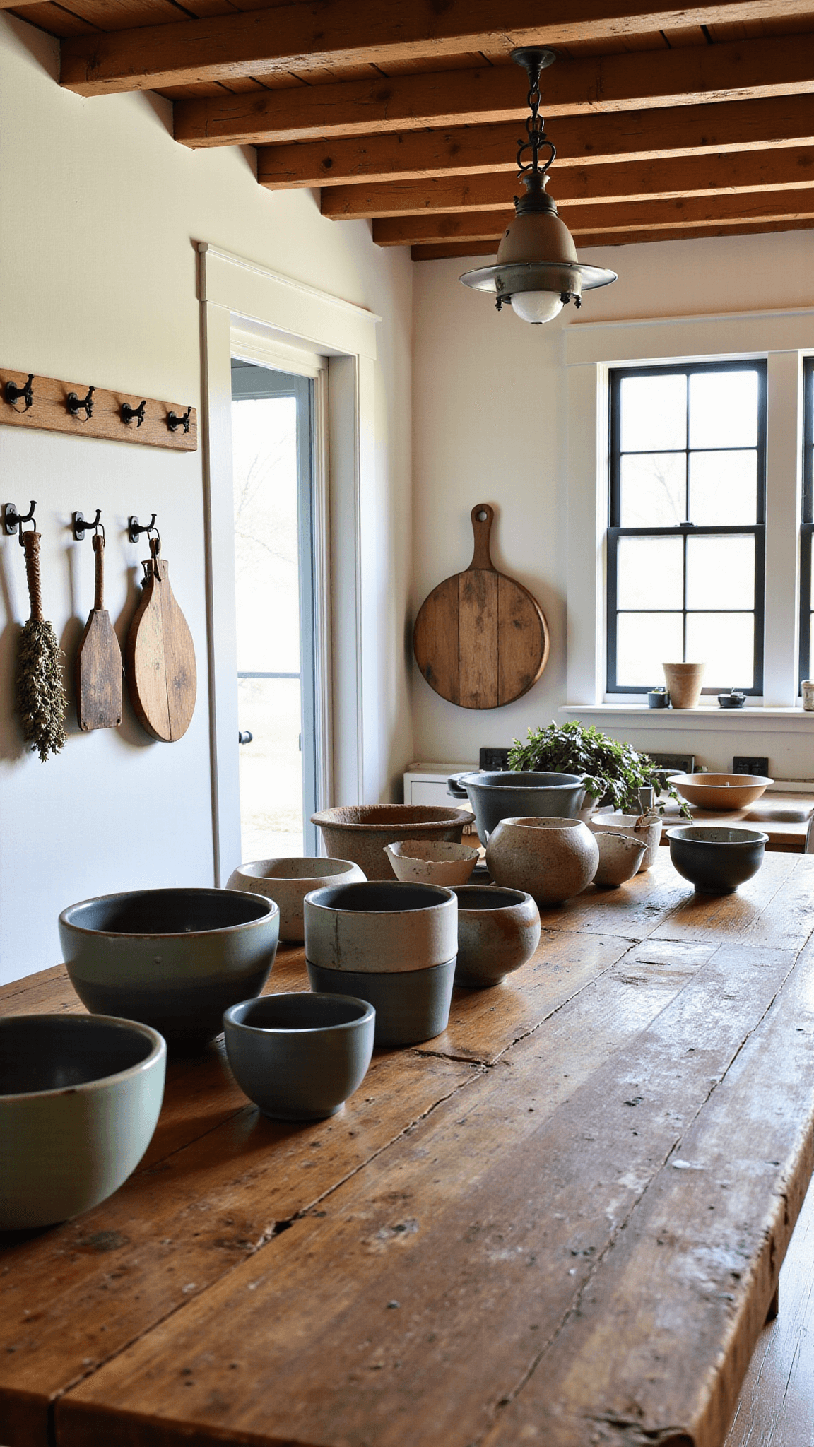 Elevated view of a rustic farmhouse kitchen with exposed ceiling beams, drenched in early morning light through east-facing windows, featuring a large, reclaimed wood island with knife marks and water stains, a collection of handmade, repaired ceramic bowls, and dried herbs hanging from iron hooks. The scene showcases whitewashed walls with well-worn cutting boards and a palette of weathered wood, cream, herb greens, and iron black, emphasizing authentic kitchen workmanship.