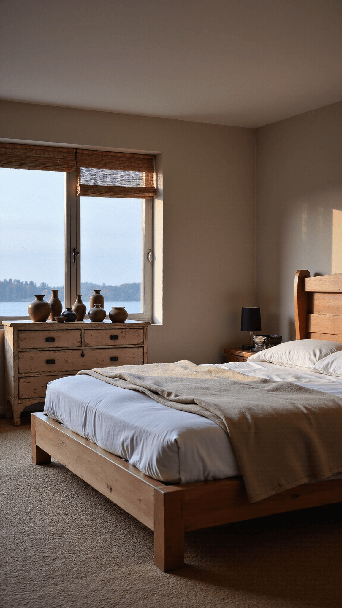 Twilight view of a tranquil 13x15ft bedroom with a low wooden bed, natural linen canopy, a set of pottery vessels on a distressed chest, a bamboo Roman shade, and a handwoven wool carpet.