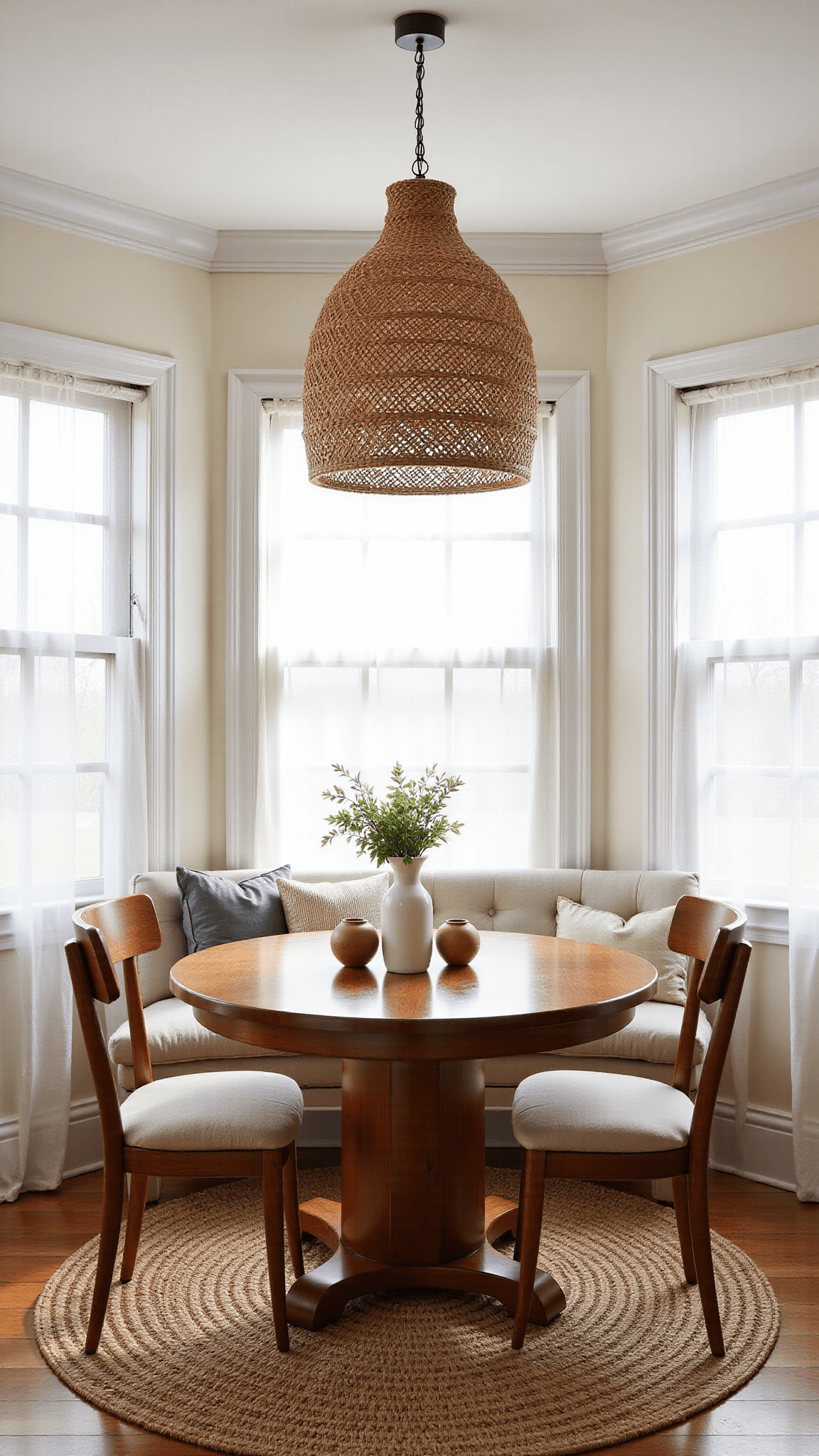 Vintage styled, sunlit breakfast nook with round farmhouse table, rattan pendant light, linen curtains, and natural jute rug, accentuated by cream, wheat, and warm grey colors.