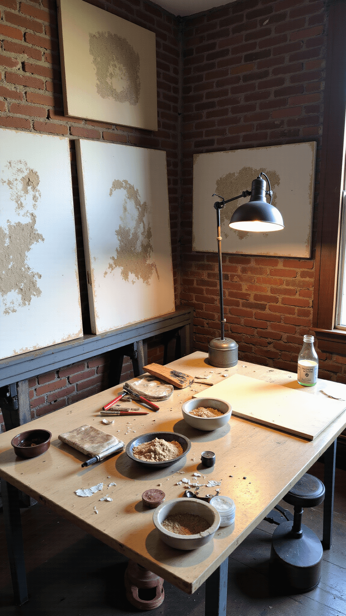 Overhead view of a cozy 11x13ft home art studio with brick walls, salvaged wood flooring, wabi sabi paintings, paint-splattered work table with natural materials, and vintage industrial lamp, in natural and artificial lighting.