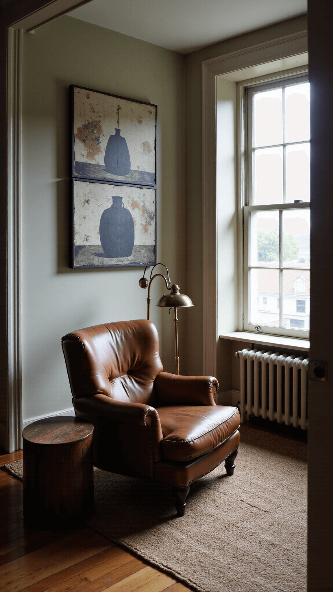 Tranquil reading nook with lime-washed walls, built-in shelving, a worn leather armchair, and handwoven rug under soft twilight illumination from vintage windows, featuring a monochromatic gray wabi-sabi triptych.