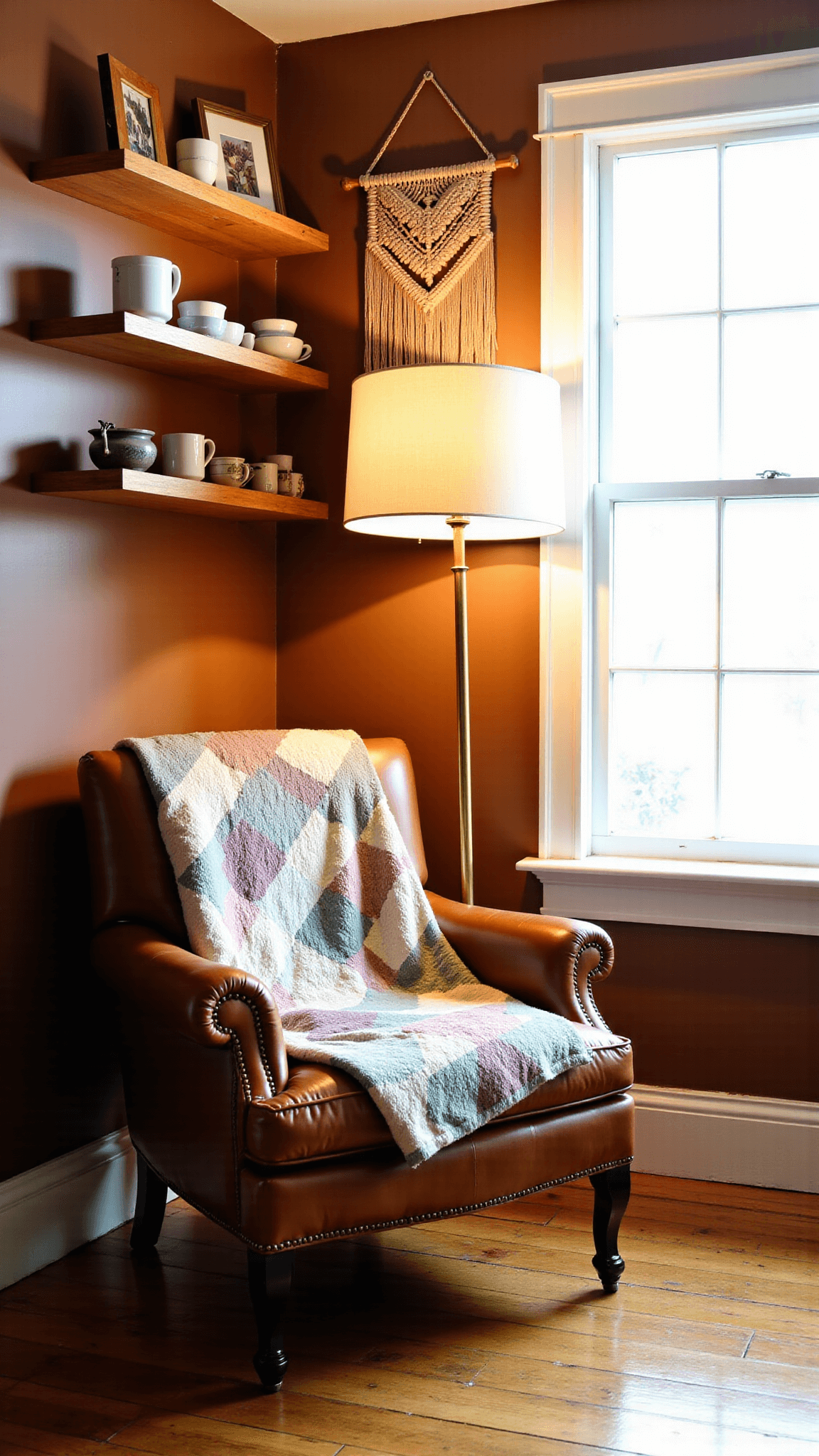 Cozy corner nook with leather armchair, patchwork quilt, vintage brass lamp, oak shelves with teacups and flower art, and macramé wall hanging, bathed in morning light.