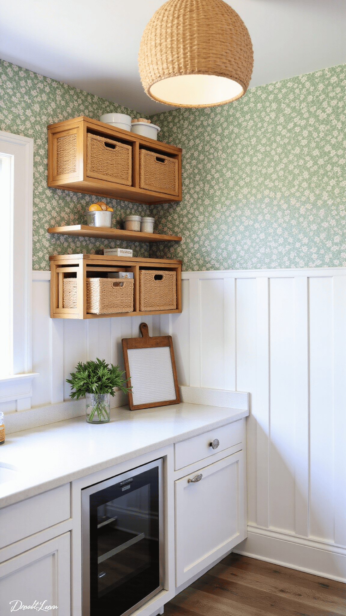 High-angle view of budget makeover showcasing stackable bamboo storage, removable sage and cream botanical wallpaper, white beadboard wainscoting, natural woven pendant light, vintage washboard and artisanal soap display.