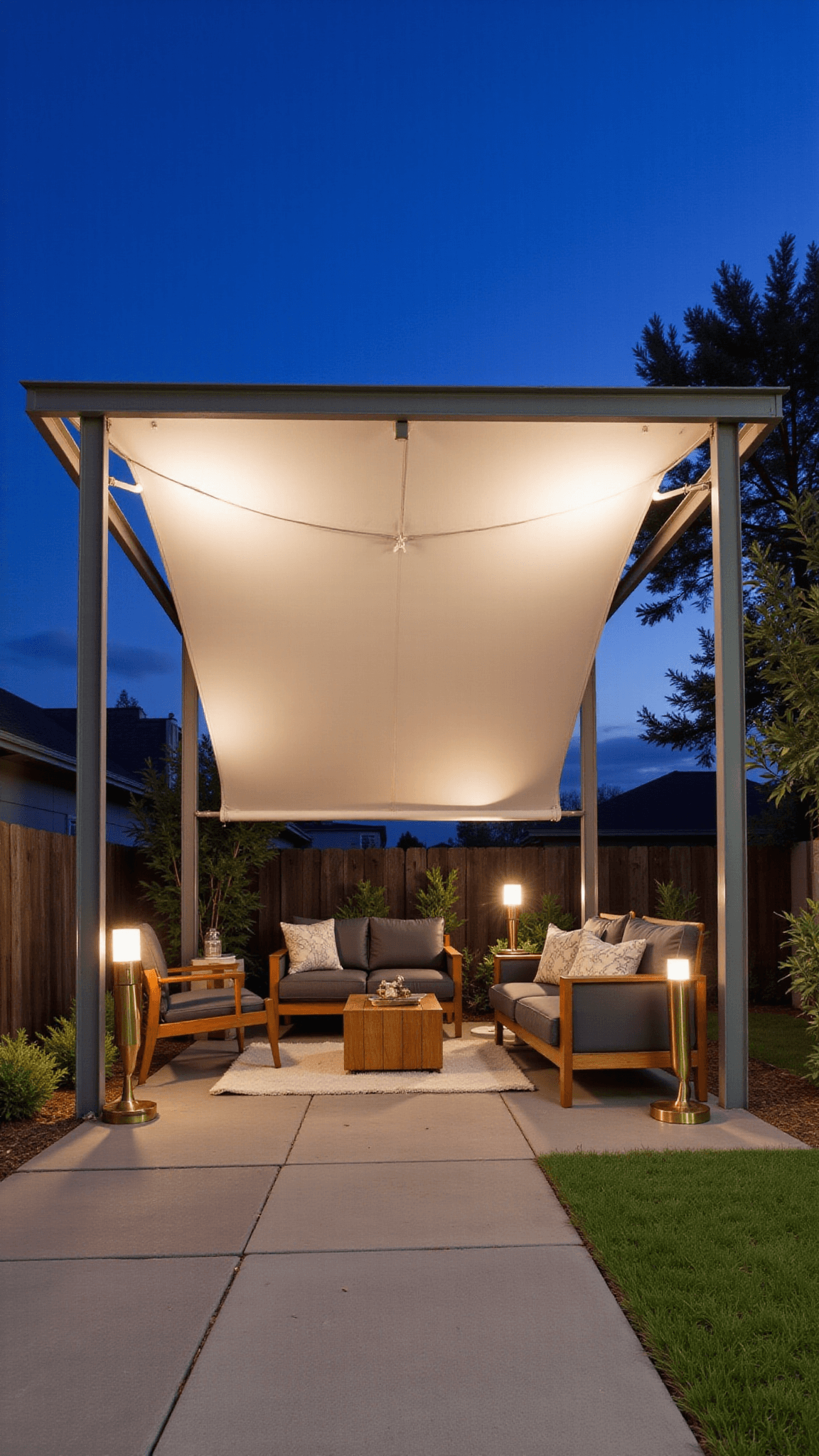 Dusk photo of a 20x12ft transformed carport into a patio retreat with ivory sailcloth canopy, mid-century modern furniture, brass floor lamps, and copper accents in an urban contemporary style.