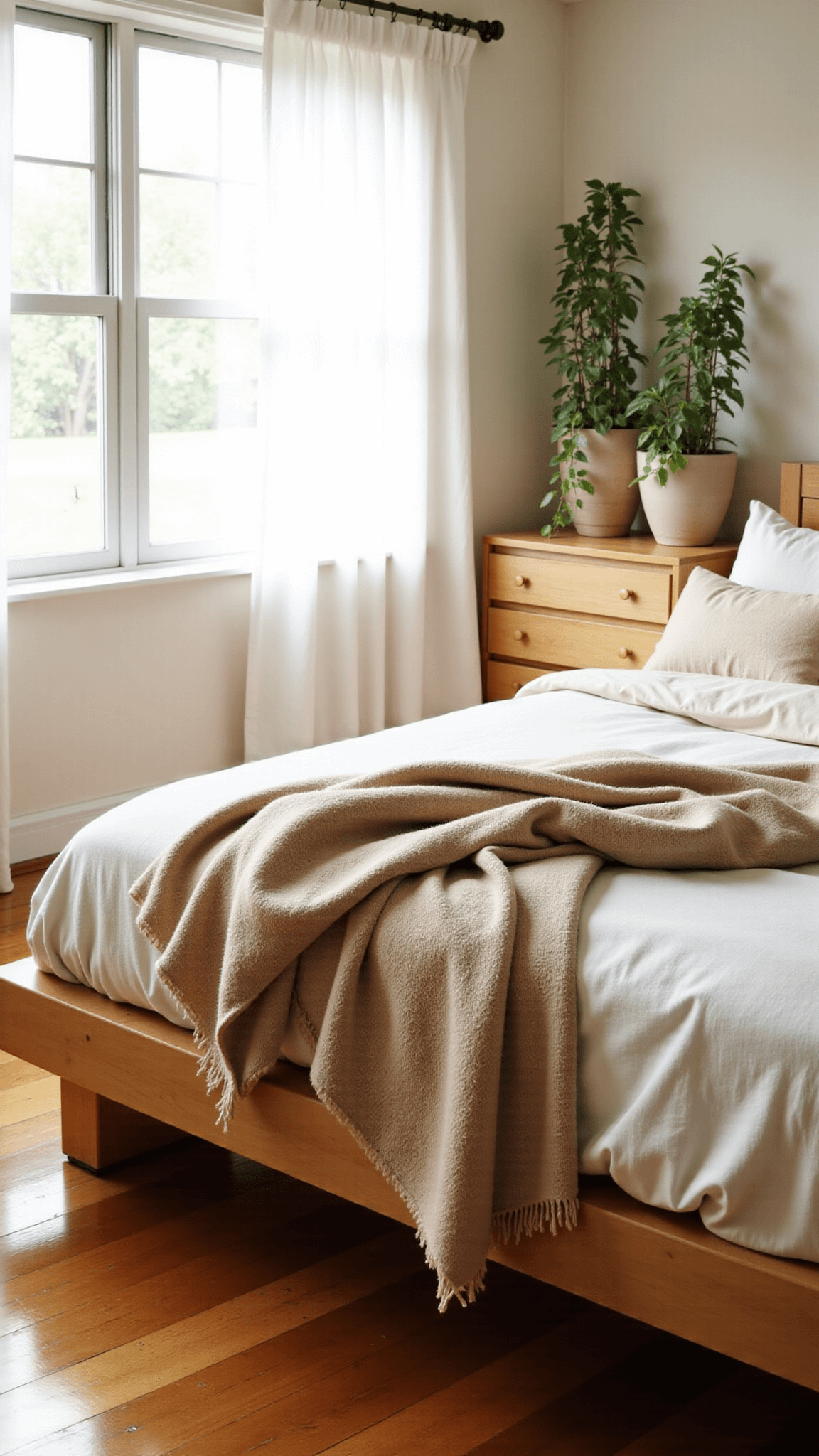 Morning light filtering through white linen curtains in a spacious bedroom, with a focus on texture interplay between an oak platform bed, organic cotton bedding and ceramic vessels on a bleached wood nightstand.