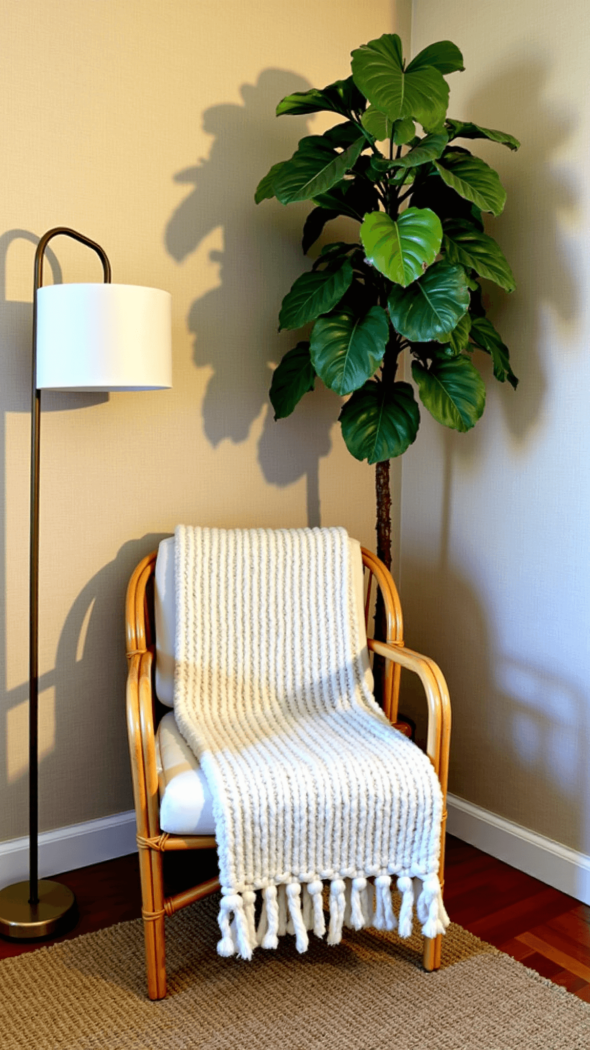 Handcrafted rattan accent chair with ivory throw, fiddle leaf fig, brass floor lamp and jute rug in a 12x12ft bedroom with grasscloth wallpaper during golden hour