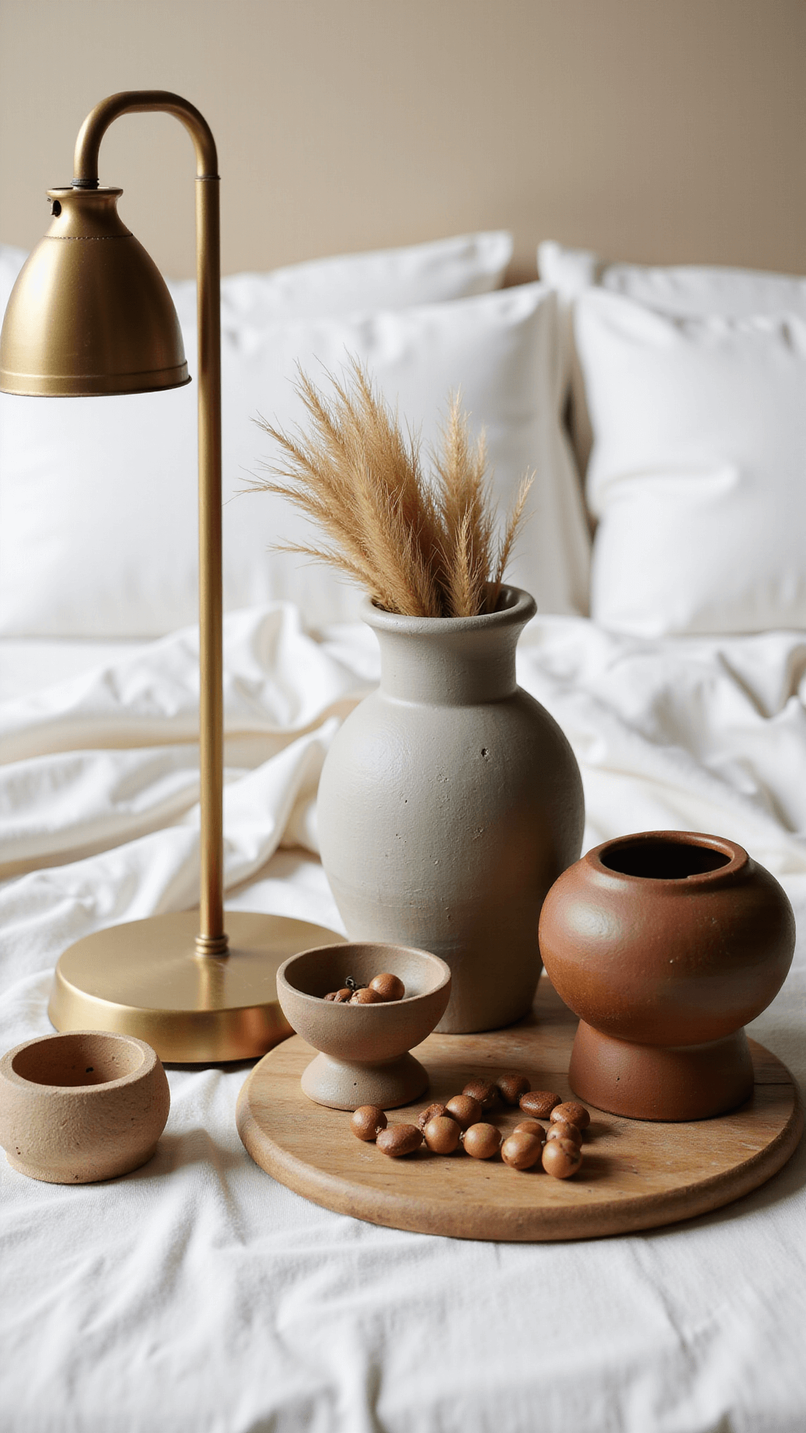 Soft afternoon light highlighting a brass table lamp, ceramic vessel with dried pampas grass, earthenware bowl, wooden beads, against a backdrop of warm white linen bedding