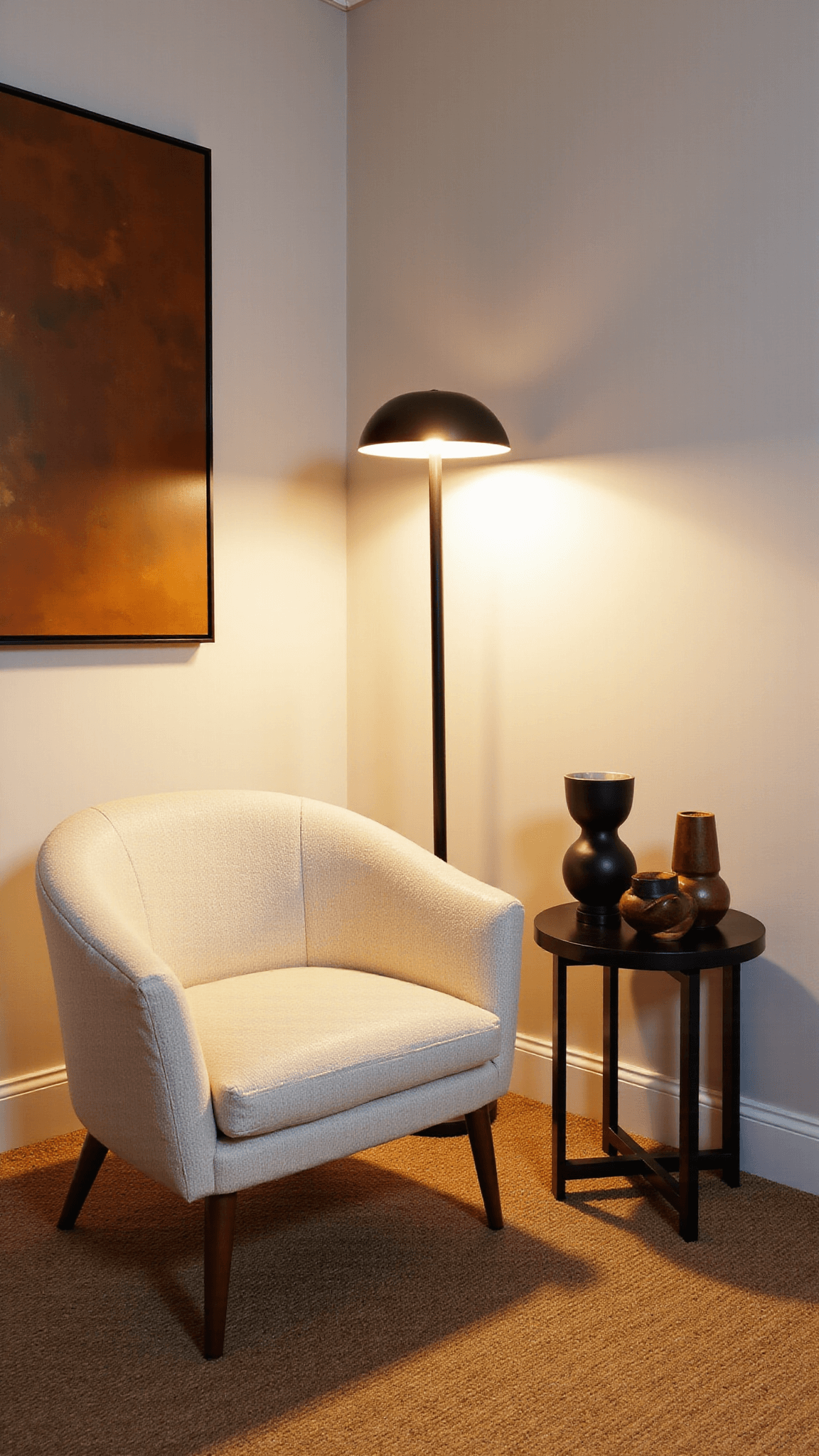 Master bedroom sitting area at dusk with warm lighting, minimalist decor, and large abstract wall art
