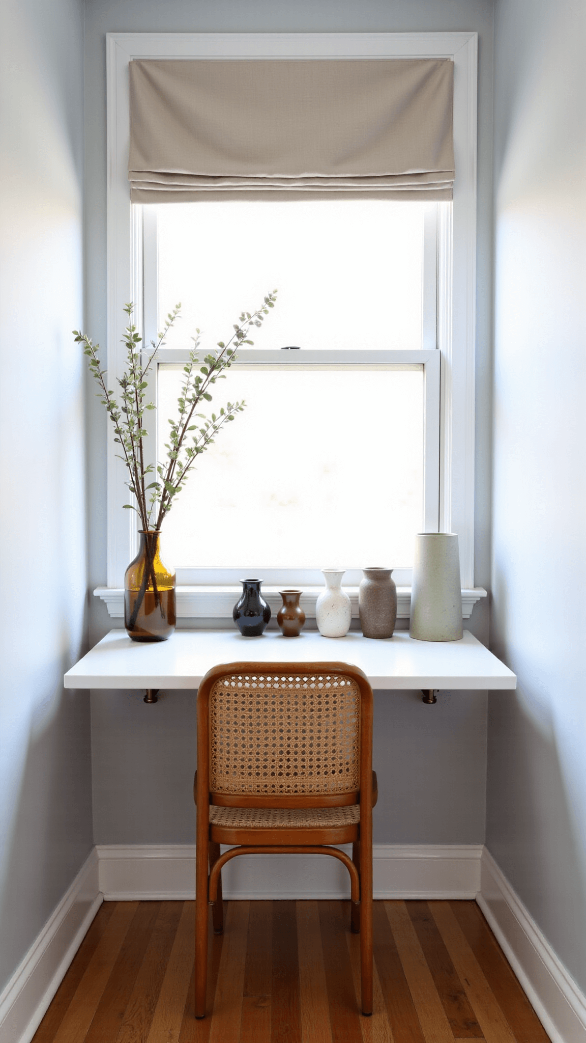 Floating white oak desk with ceramic pottery and olive branch in vase on it, in a bedroom with pale grey walls, vintage cane chair, and sunlight filtering through linen roman shade