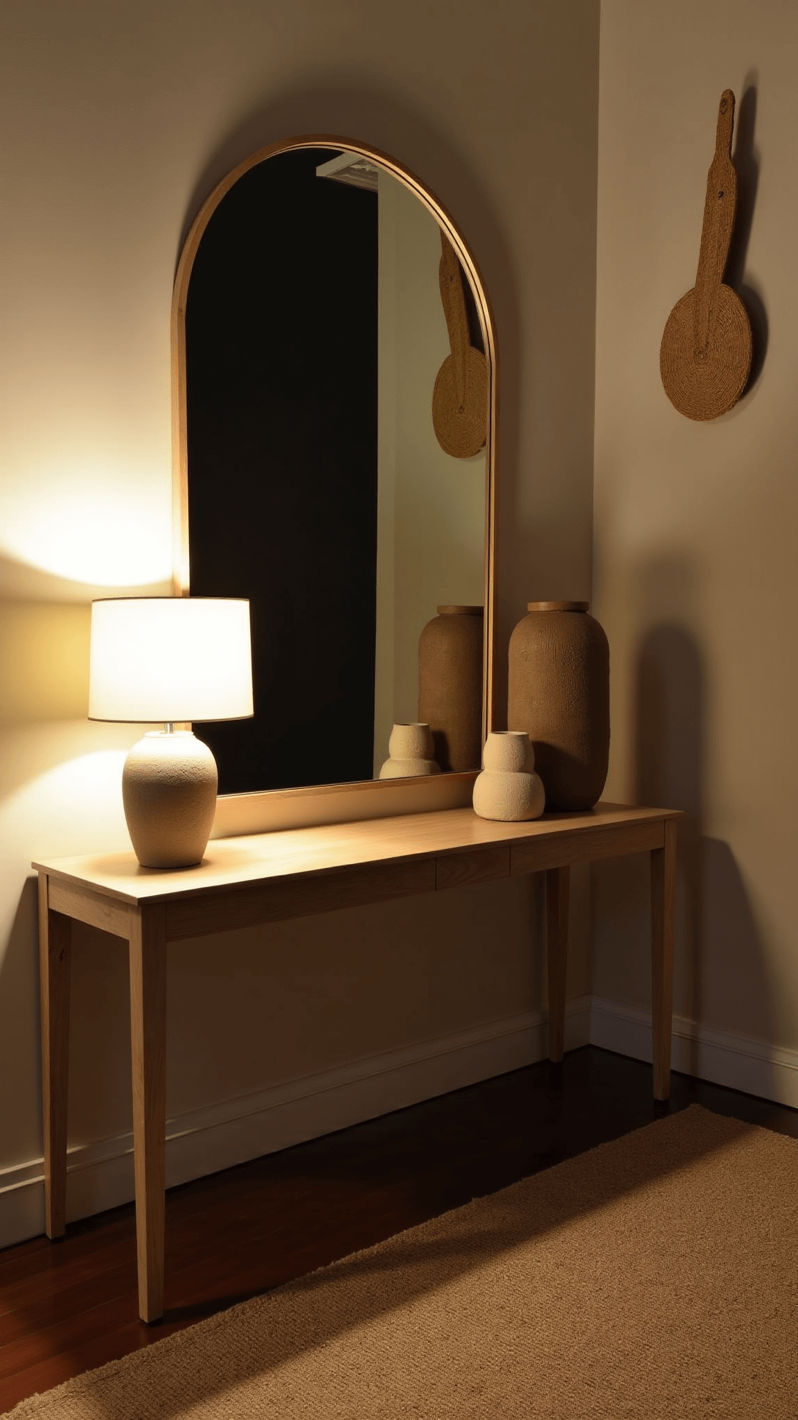Dramatic twilight shot of a bedroom entrance featuring an oversized arched mirror, warm accent lighting from a ceramic table lamp, a bleached oak console table with artisanal vessels, a textured sisal runner and a wall-mounted woven sculpture