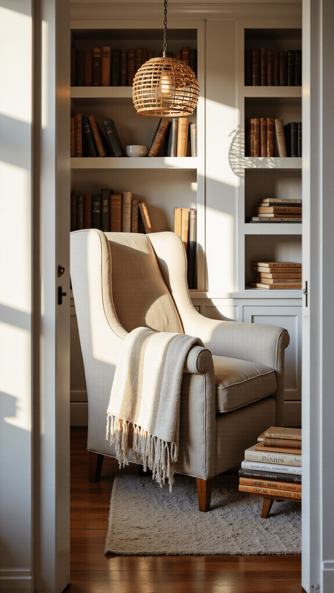 Cozy reading nook with linen chair, built-in bookshelves, natural fiber pendant, and art book side table in warm afternoon light