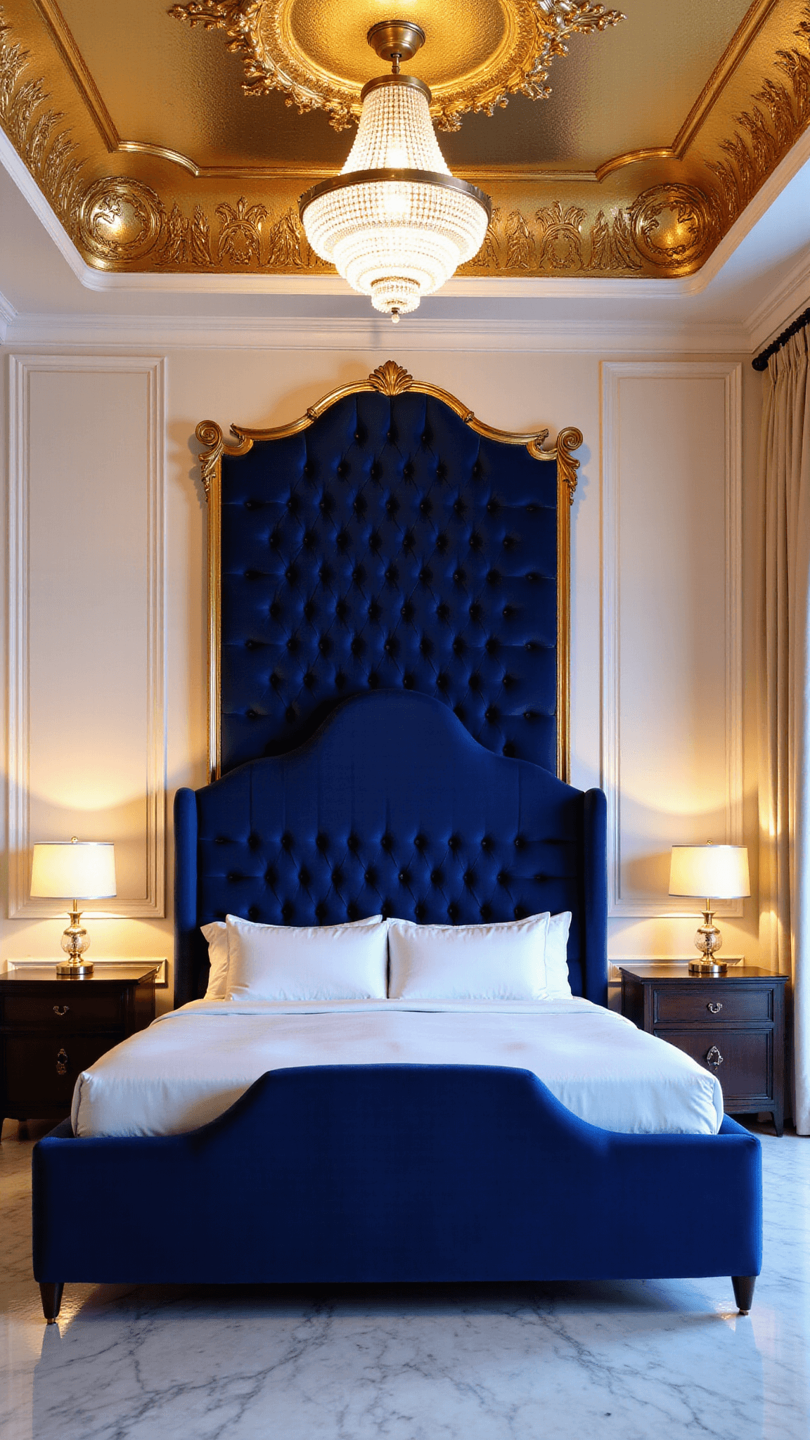 Luxurious royal palace chamber with towering sapphire velvet headboard, gold-leafed ceiling with crystal chandelier, ivory silk drapes, and marble floors.