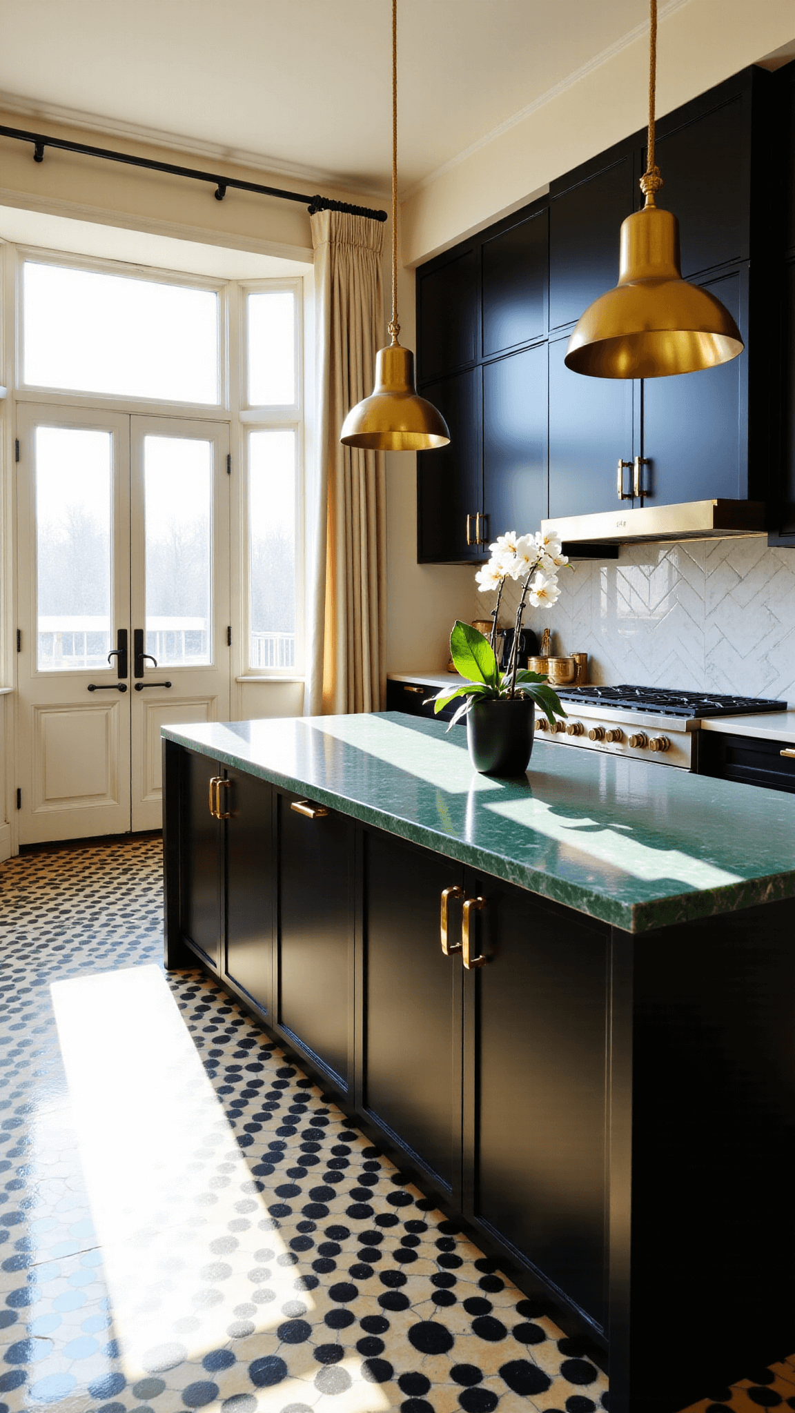 Art Deco kitchen in morning sunlight with marble backsplash, black cabinets, brass fittings, geometric floor, and central island in emerald green quartzite.