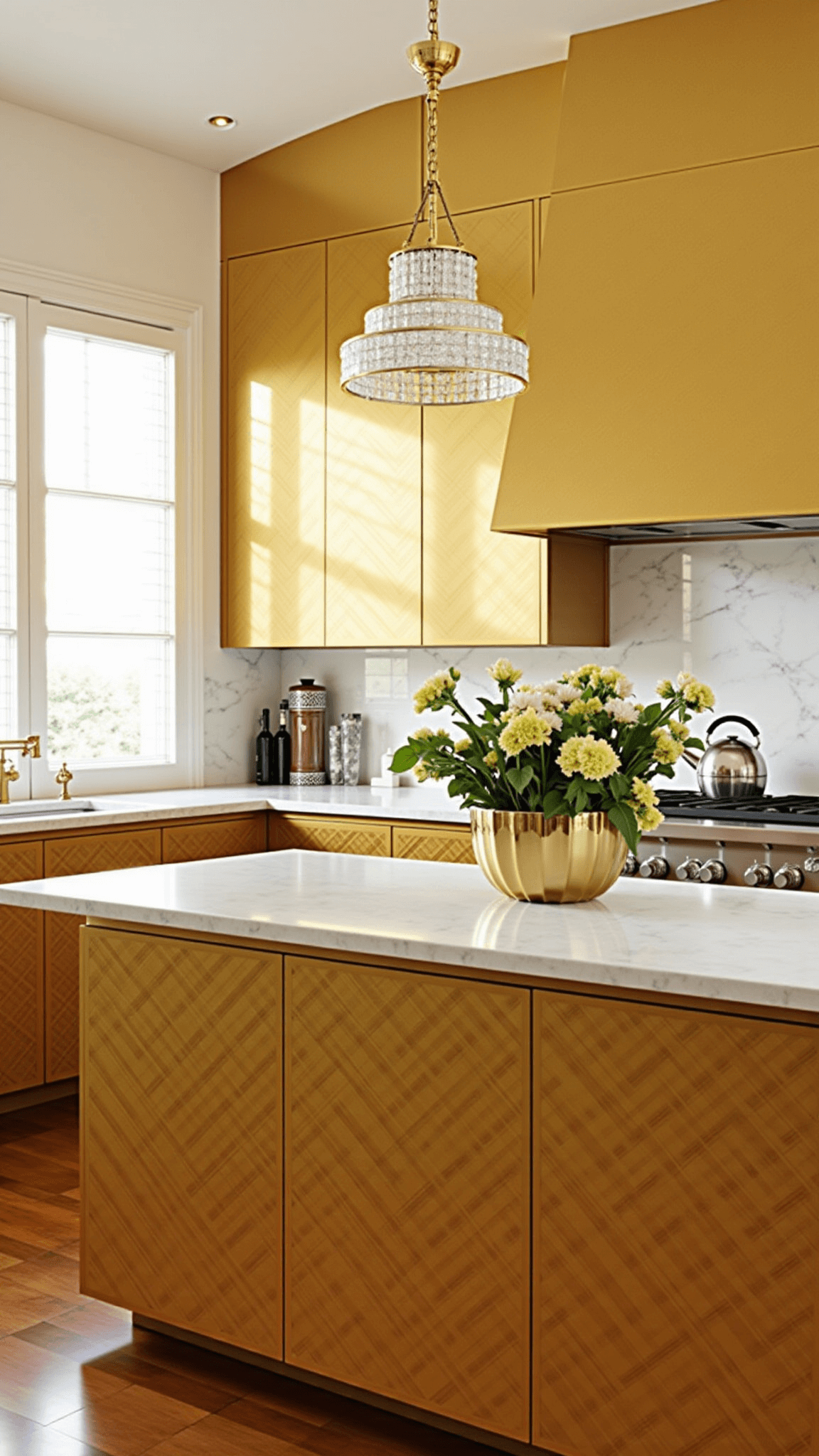 Elevated view of a 14x16ft kitchen bathed in sunset light, featuring champagne gold cabinetry with geometric detailing, white marble counters with gold zigzag inlay, crystal and brass light fixtures, chrome appliances, and herringbone floor pattern decorated with fresh flowers, vintage cocktail shaker set, and geometric fruit bowl.