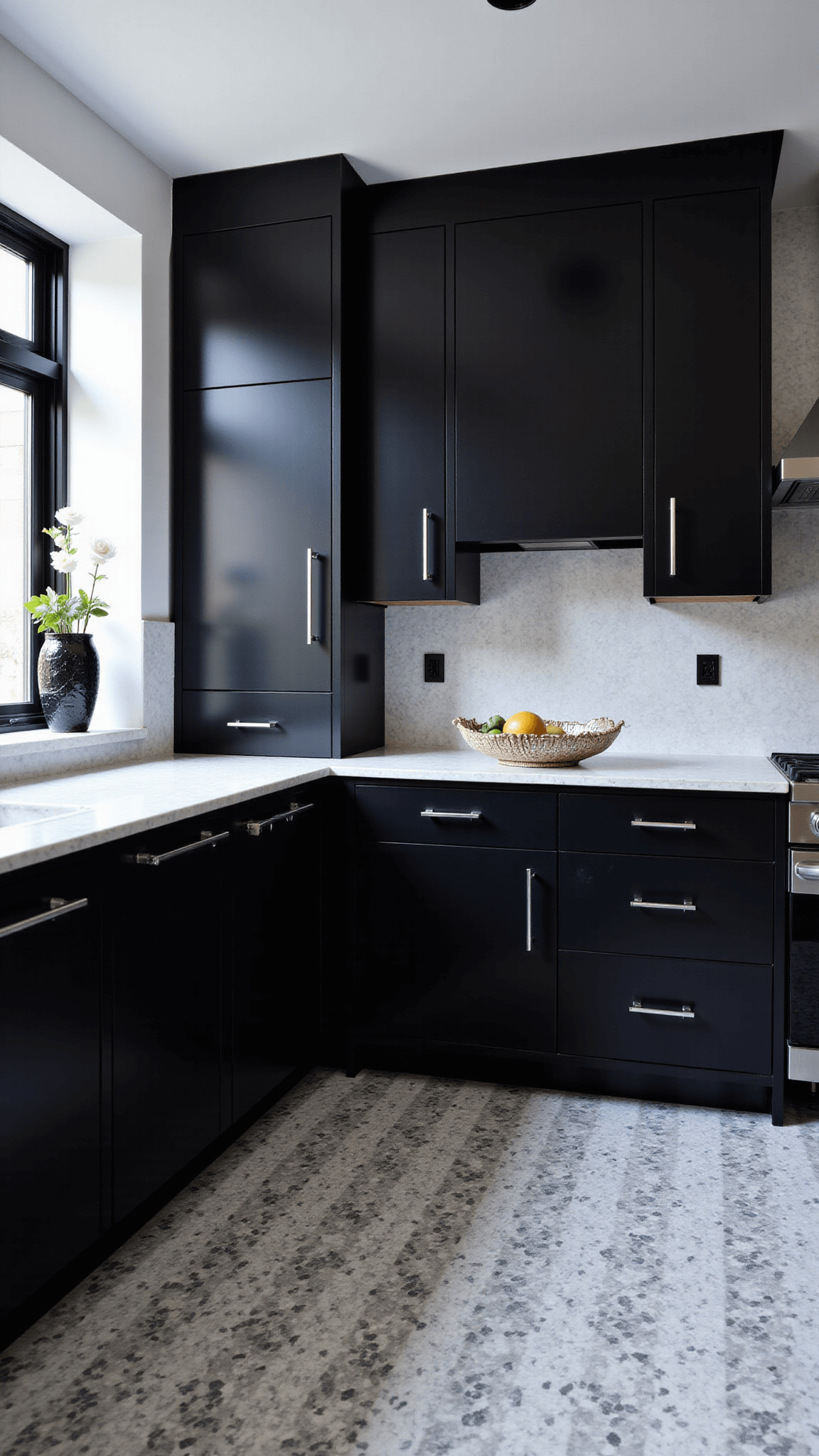 Midday shot of a dramatic 13x15ft kitchen with monochrome color scheme, geometric marble floor tiles, matte black cabinetry with chrome handles, layered lighting, and stylish decor accents.