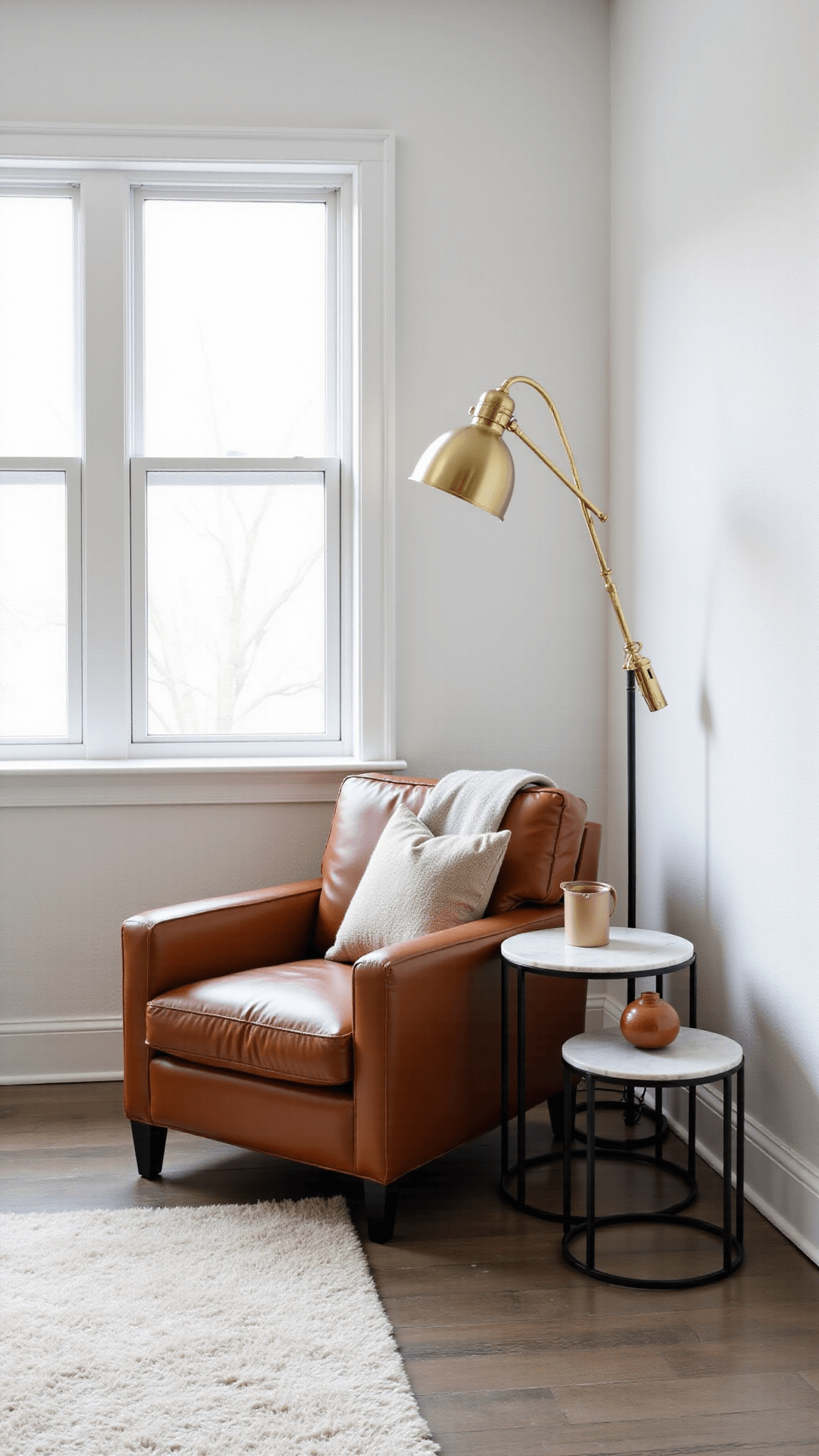 Cozy living room corner with cognac leather reading chair, brass floor lamp, black metal and marble nesting tables on high-pile cream rug, styled with an earthenware vessel and linen throw.