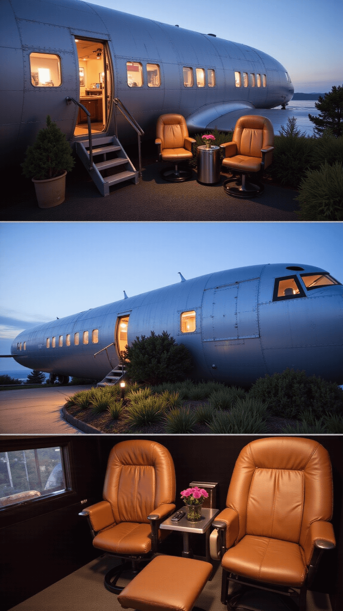 Converted airplane cockpit lounge with panoramic windows, reupholstered cognac leather pilot seats, restored aviation instruments, aluminum panels, under dramatic evening lighting.