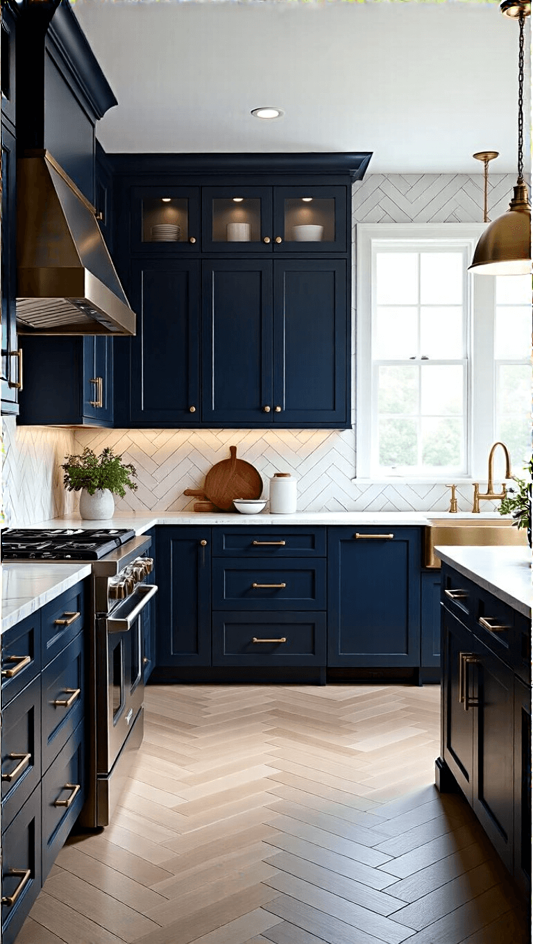 Modern Shaker style kitchen with navy blue cabinets, black stainless appliances, brass fixtures, and herringbone marble backsplash lit by diffused midday light from frosted windows, viewed slightly above eye level.
