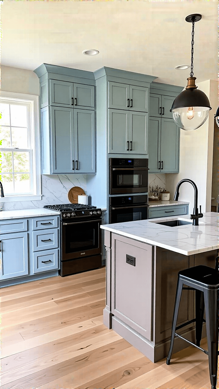 Transitional kitchen with cornflower blue cabinets, gray island, black stainless appliances, white oak floors, Carrara marble counters, vintage pendant lights, and modern bar stools.