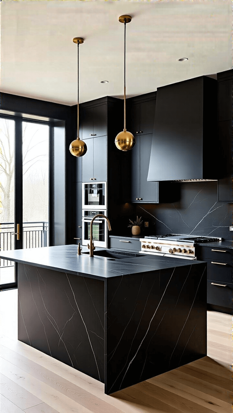 Modern black kitchen with high-end integrated appliances, nero marquina marble island, brass accents, wide European oak flooring and floor-to-ceiling windows with morning sunlight