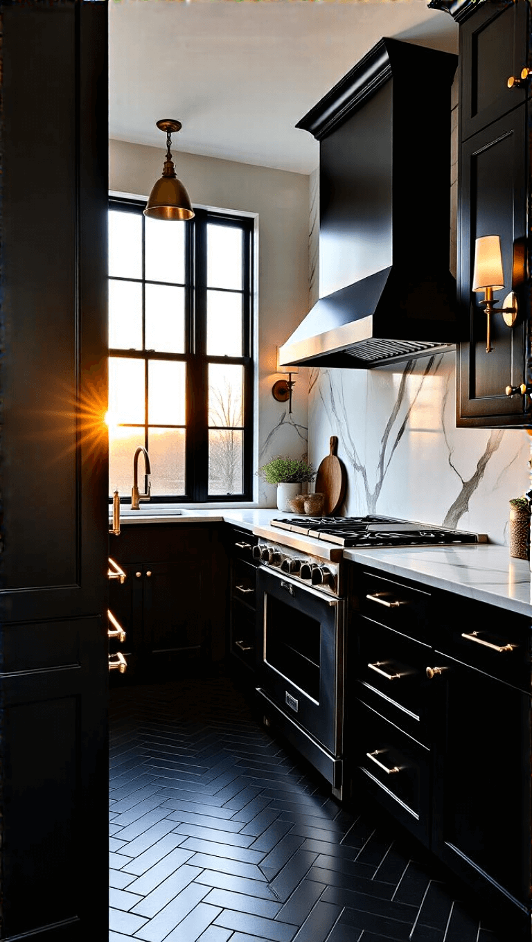 Stylish black kitchen with marble counters and backsplash, industrial windows, and vintage brass sconces in golden hour lighting