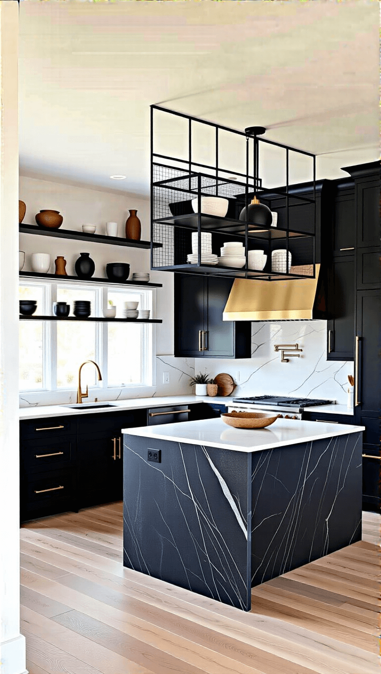 Sophisticated contemporary open-concept black kitchen with charcoal cabinetry, white quartz countertops, black metal grid shelving, brushed gold hardware, large dark-veined marble island, bleached oak floors, in bright natural light from an elevated viewpoint.