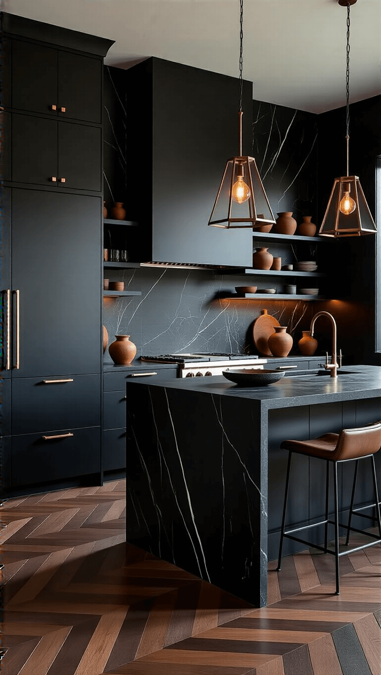 Luxurious black kitchen at dusk with matte black cabinets, black marble backsplash, floating metal shelves, granite island, aged brass fixtures, and geometric pendant lights illuminating the chevron pattern dark oak floors for a dramatic and opulent atmosphere