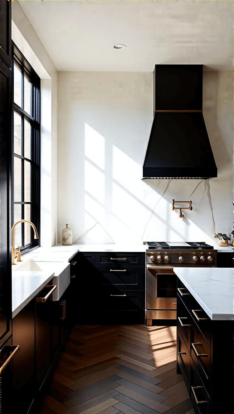Contemporary black kitchen with high-gloss upper cabinets and textured lower units, contrasting white marble counters and backsplash, black steel-framed windows and doors, matte black range hood, mixed metal fixtures, and dark herringbone floors bathed in morning light