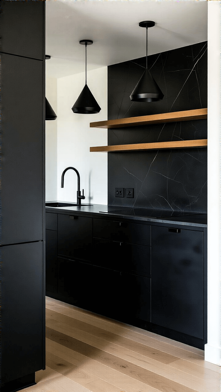 Sophisticated minimalist black kitchen with matte cabinetry, blackened steel countertops, marble slab backsplash, and geometric pendant lights in bright natural light