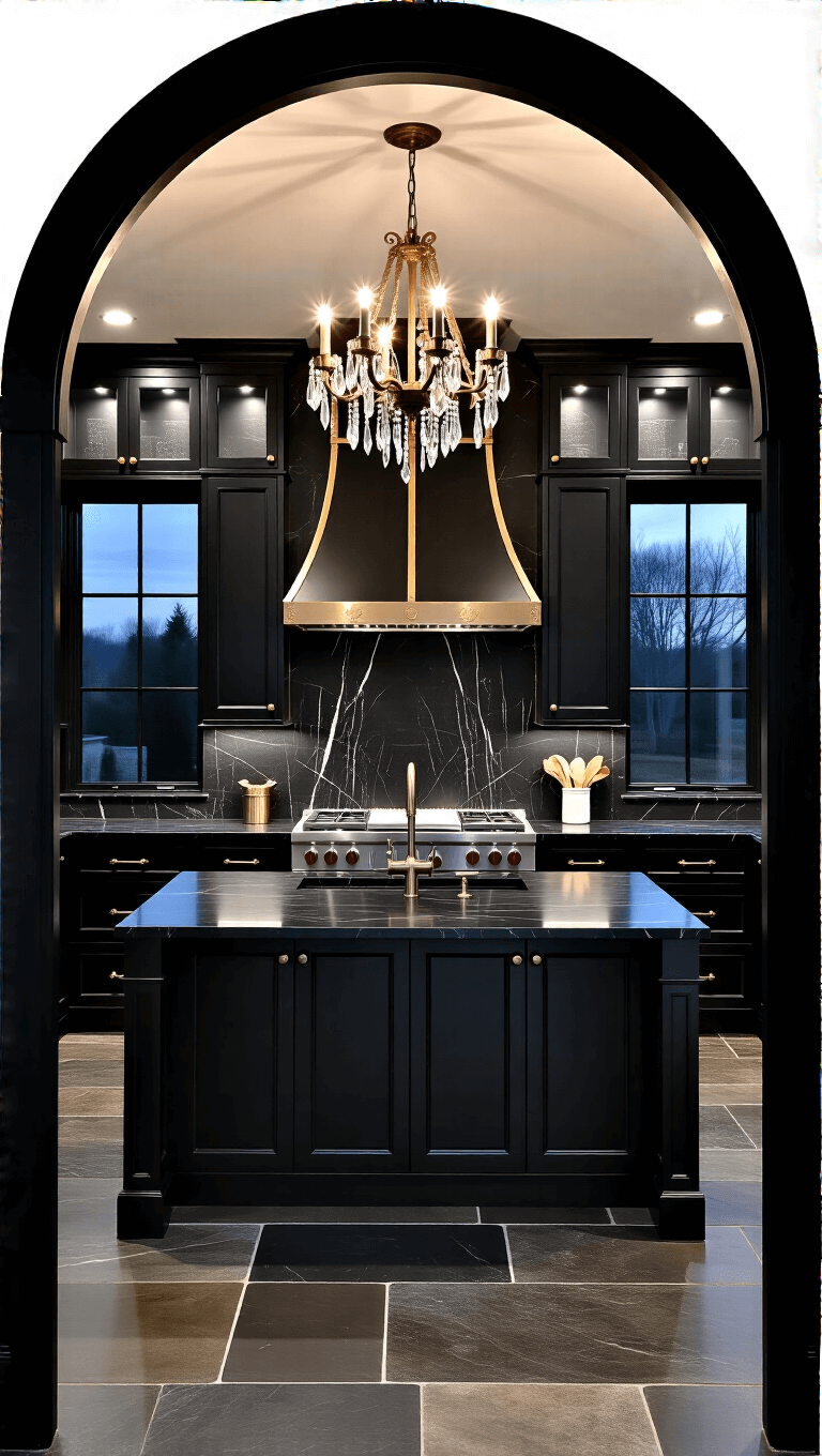 Luxurious grand black kitchen with bronze trim details, black marble backsplash and counters, crystal and brass chandelier, and dark limestone floors seen from entrance archway at twilight