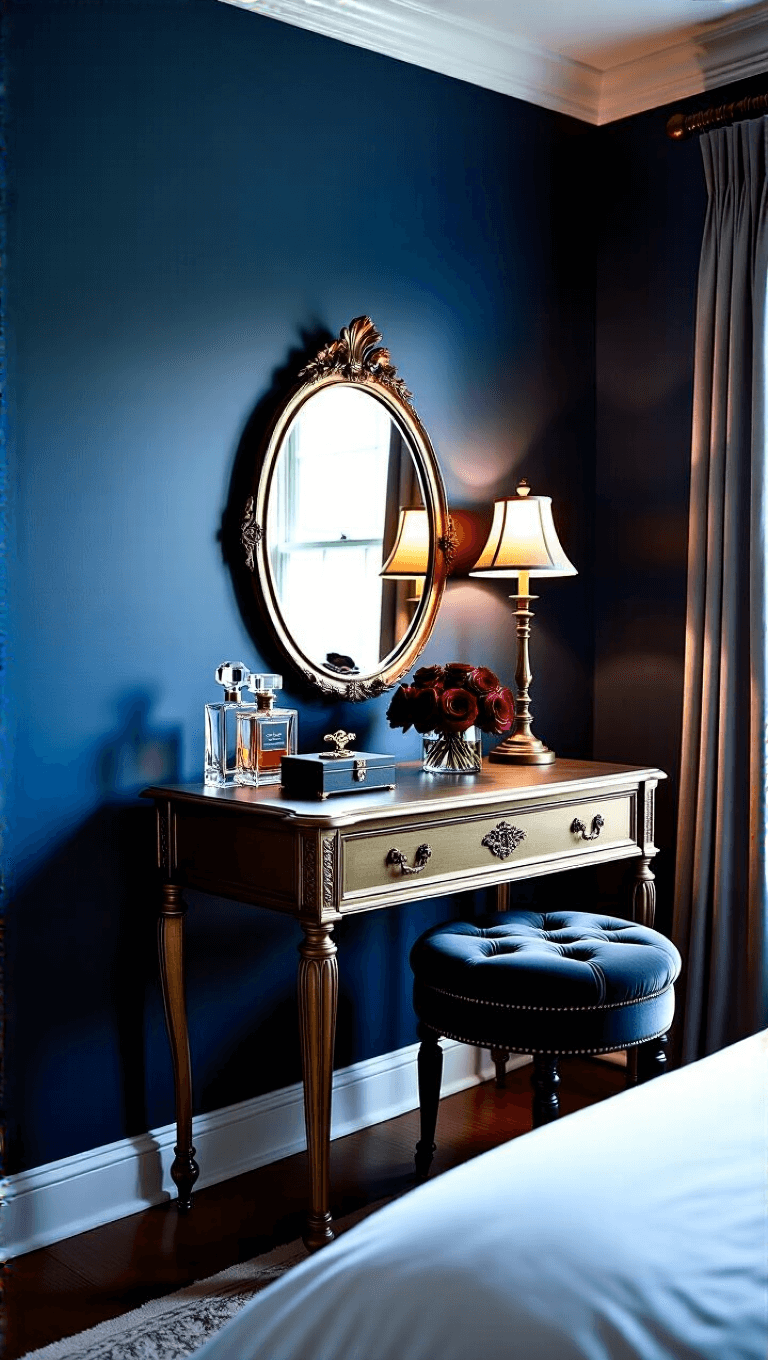 Elegant master bedroom with indigo walls, white crown molding, antique brass vanity, and charcoal velvet stool during blue hour.