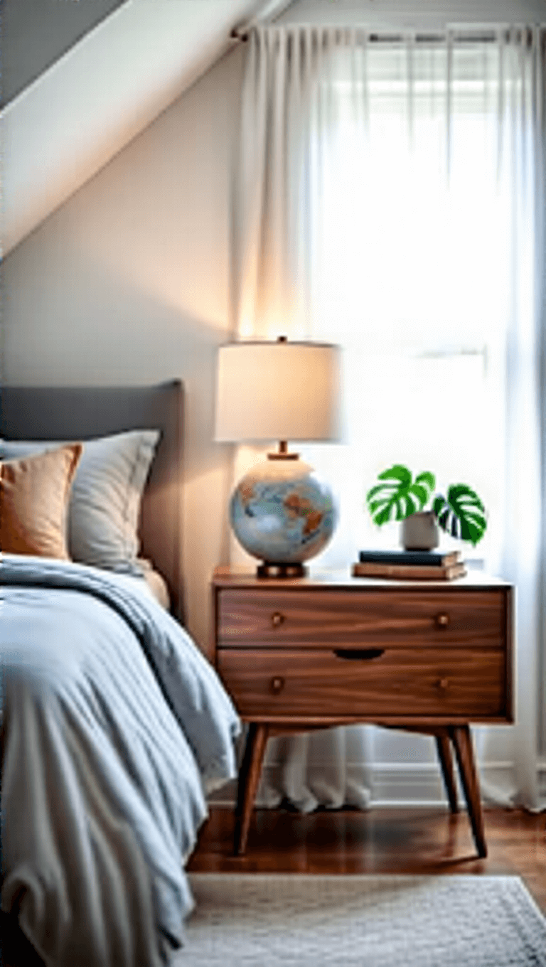 Bright 12x14ft bedroom with vaulted ceilings, walnut mid-century modern bedside table styled with a ceramic globe lamp, vintage books, and a monstera plant, shot in soft morning light from a 45-degree angle