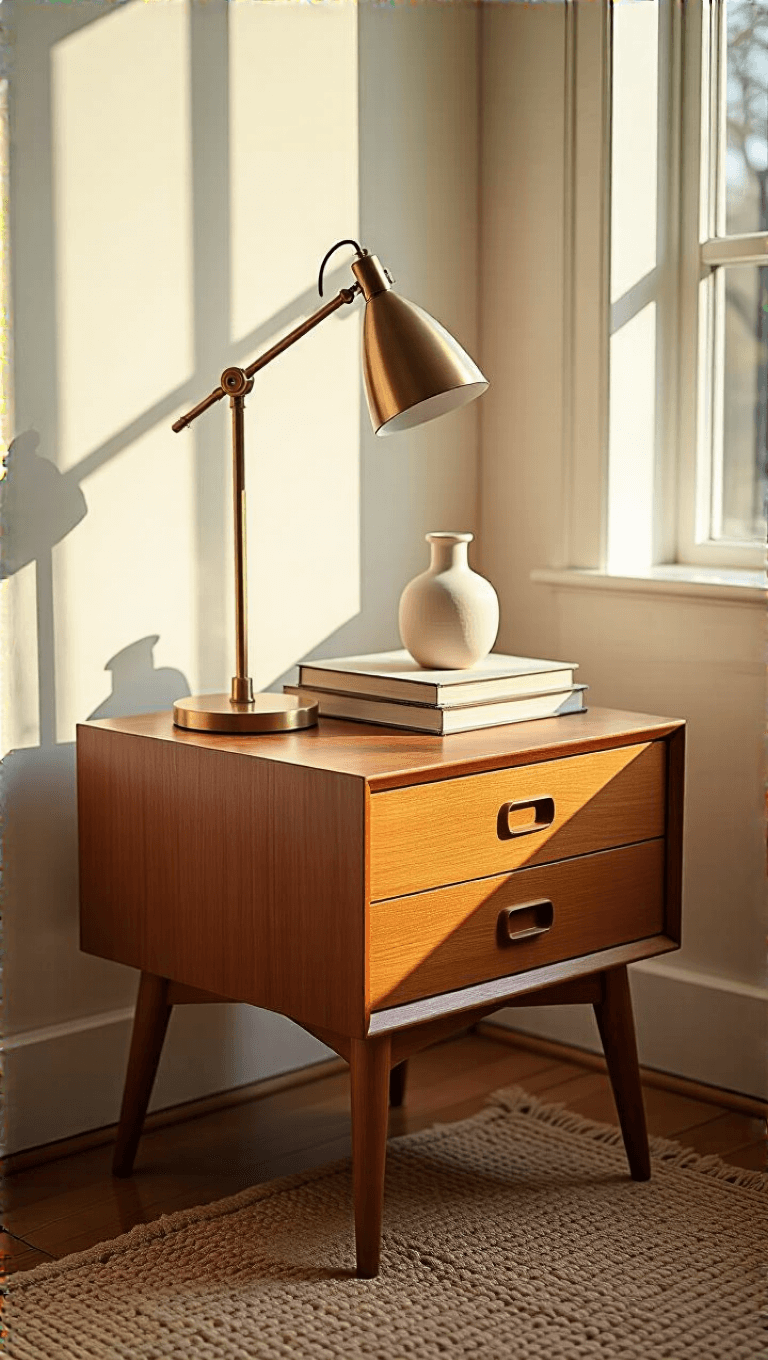 Mid-century Danish teak nightstand with books and vase in golden hour light, shot from an above angle with sun casting shadows on a jute rug below.