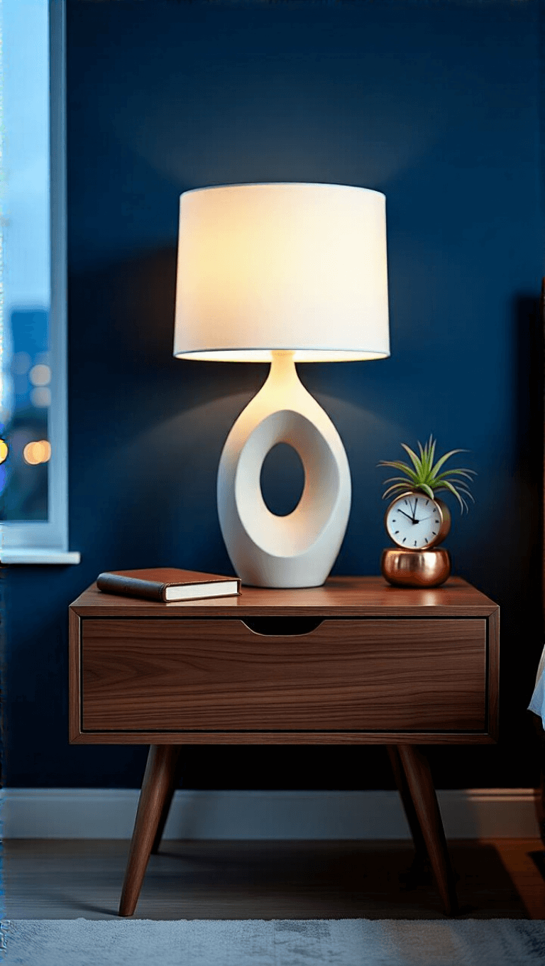 Primary bedroom at dusk with moody ambient lighting from ceramic table lamp, a walnut bedside table with modern features, styled with a journal, modernist clock, and an air plant in a copper vessel, against a deep navy accent wall and subtle window glow.