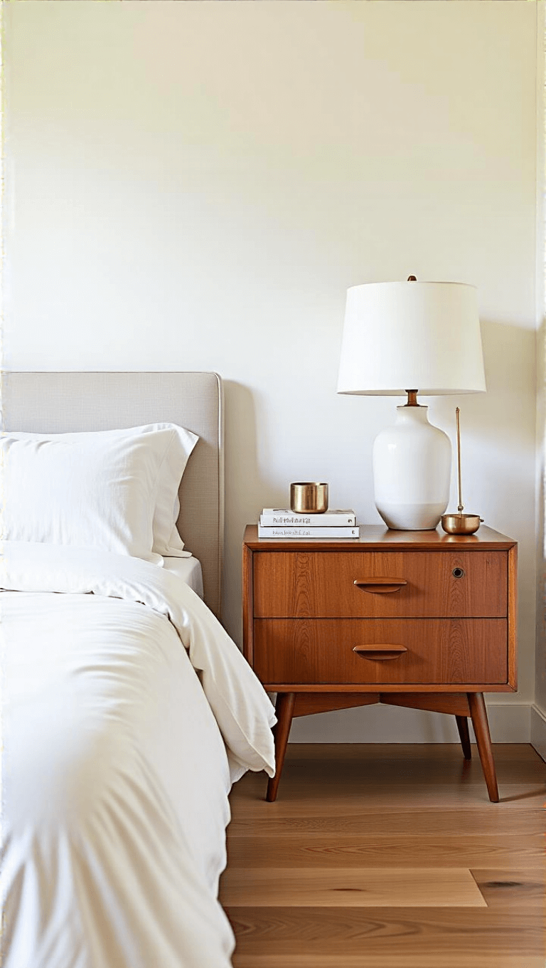 Bright and spacious 15x18ft sunlit bedroom at 11am, focusing on a restored vintage teak nightstand styled with a white ceramic lamp, photography art book, and brass incense holder, positioned next to a platform bed with ivory linens on natural oak flooring; capturing a relaxed California modern aesthetic.