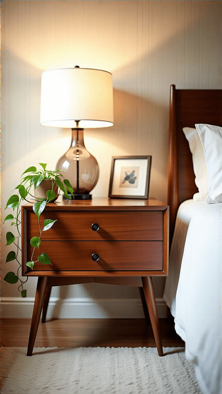 1960s style guest room corner with rosewood bedside table, glass table lamp, abstract print, pothos plant, and neutral grasscloth wallpaper bathed in afternoon light.