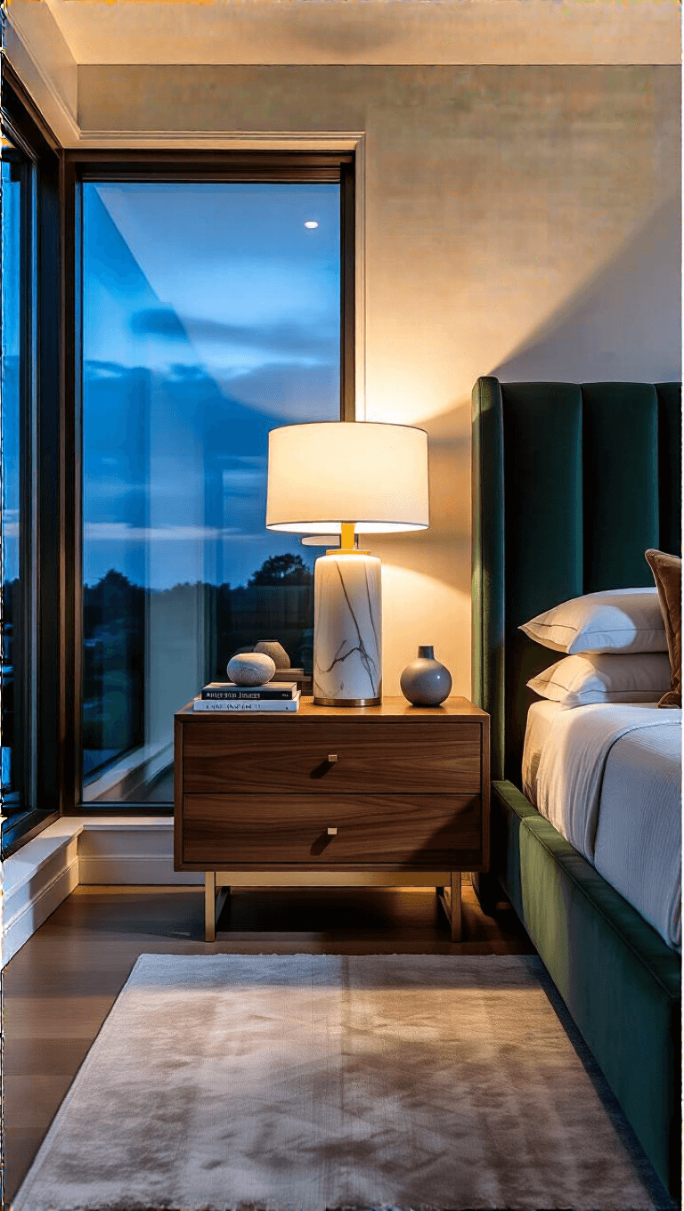Contemporary primary suite at twilight with walnut and brass bedside table, floor-to-ceiling windows, modern ceramic lamp uplighting, design books, marble coaster, minimalist vase, and deep green velvet headboard.