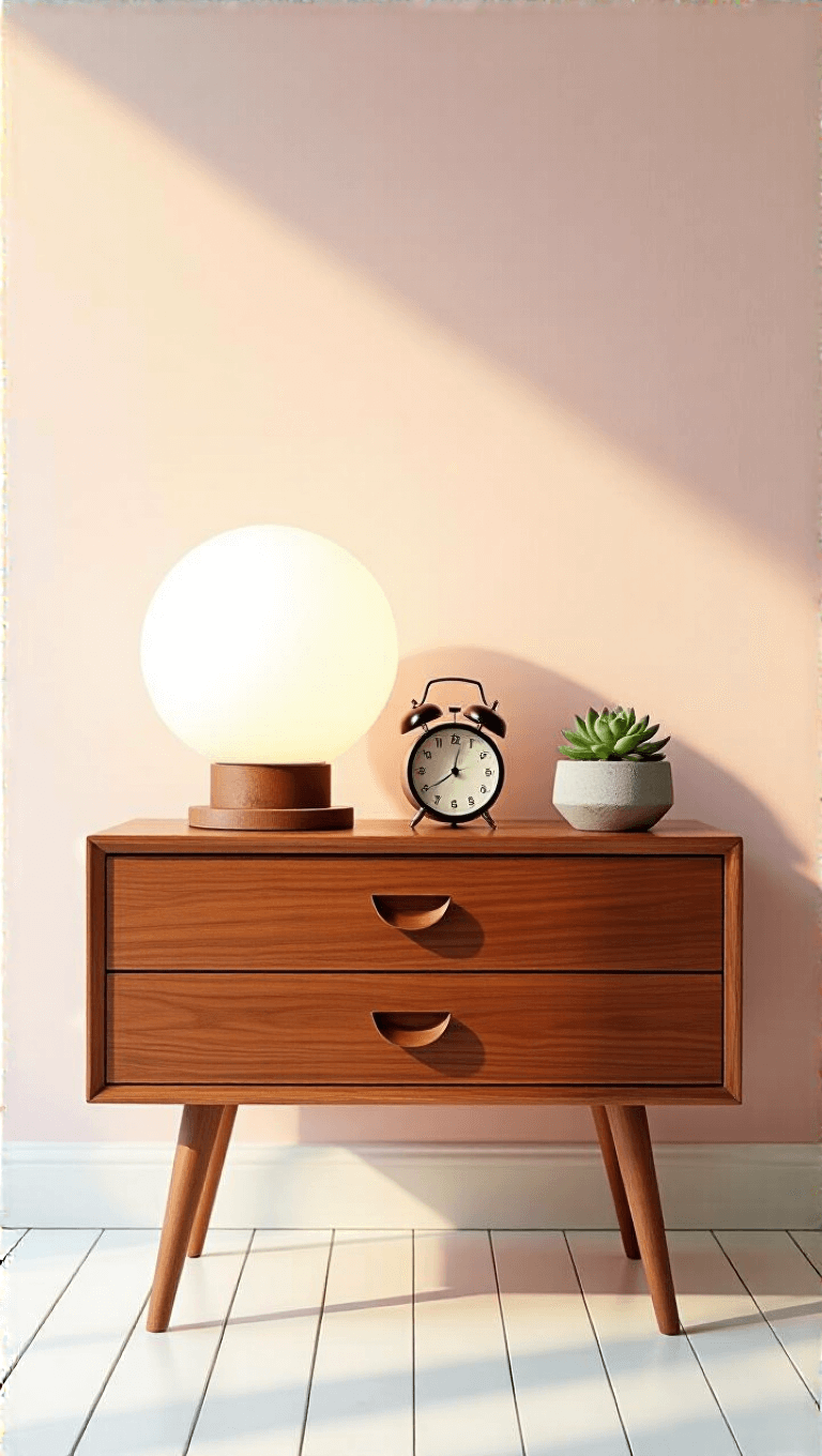 12x14ft bedroom lit by sunrise, featuring mid-century walnut nightstand with Nelson bubble lamp, vintage alarm clock, and succulent in concrete planter, against a pale pink wall and white oak floors with Scandinavian minimalism style.