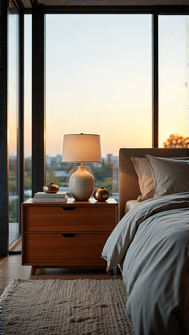 Luxurious 16x20ft modern bedroom bathed in golden hour light featuring a restored Danish modern bedside table, handmade ceramic lamp, brass object and a stack of art monographs with textured wool rug and linen-upholstered bed in foreground.