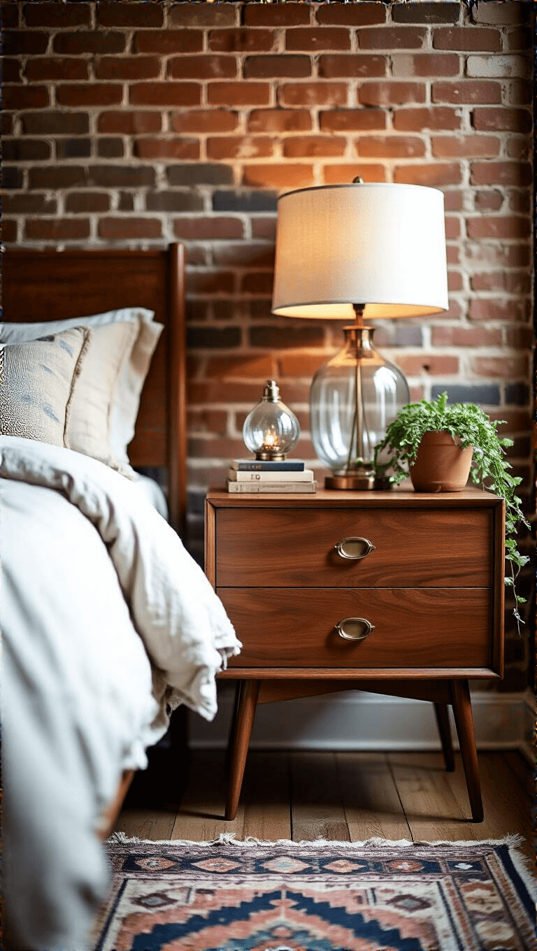 Bohemian bedroom with exposed brick wall, mid-century walnut side table, vintage decorations, layered rugs, and warm afternoon light.